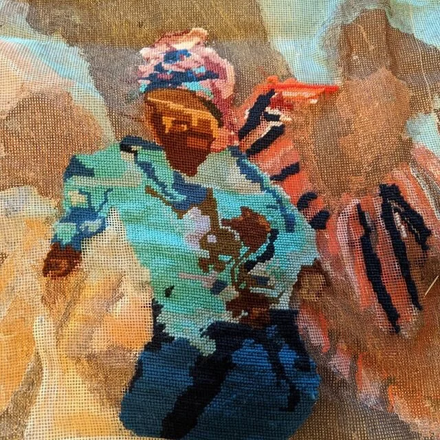 A little piece of a  large  work in progress  which will be part of a new body of work #New work #Bahamas #painting #islandstories  #experimentingwithnewmaterials #staycreative  #needlepoint #lockdowncontinues