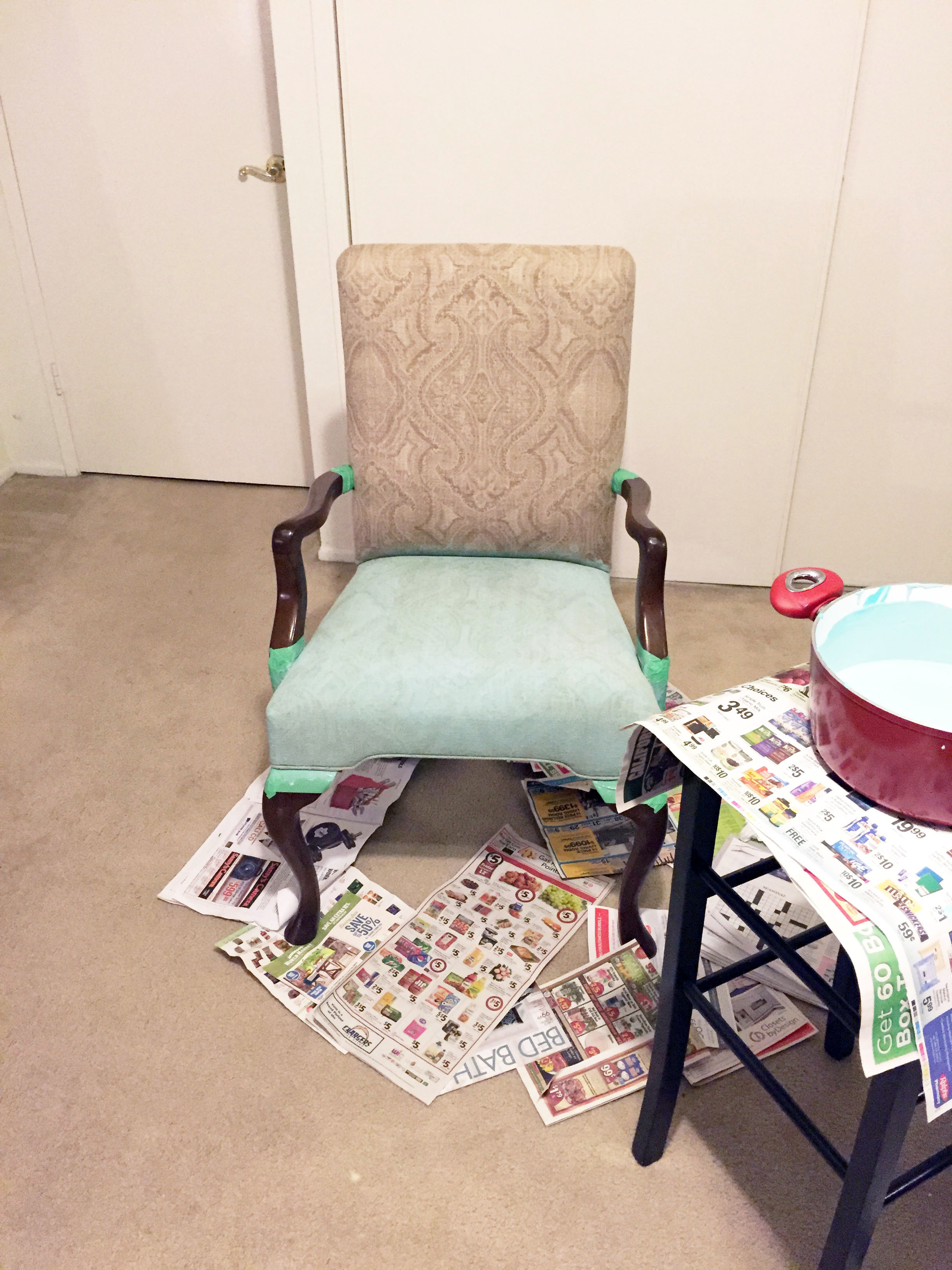Use a spray bottle full of water to lightly mist the chair and soften the fabric. Apply paint!