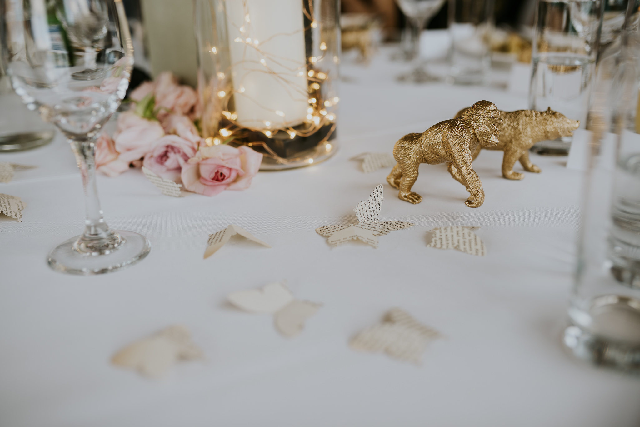 DIY Wedding Table Decorations Golden Animals and Butterflies made out of book pages