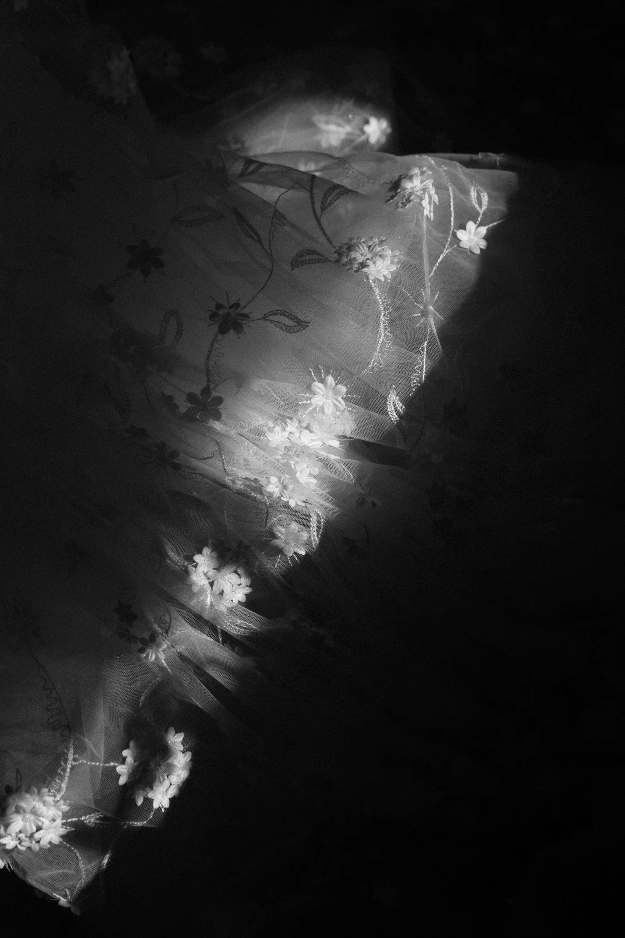 Shard of light wedding dress detail shot in black and white