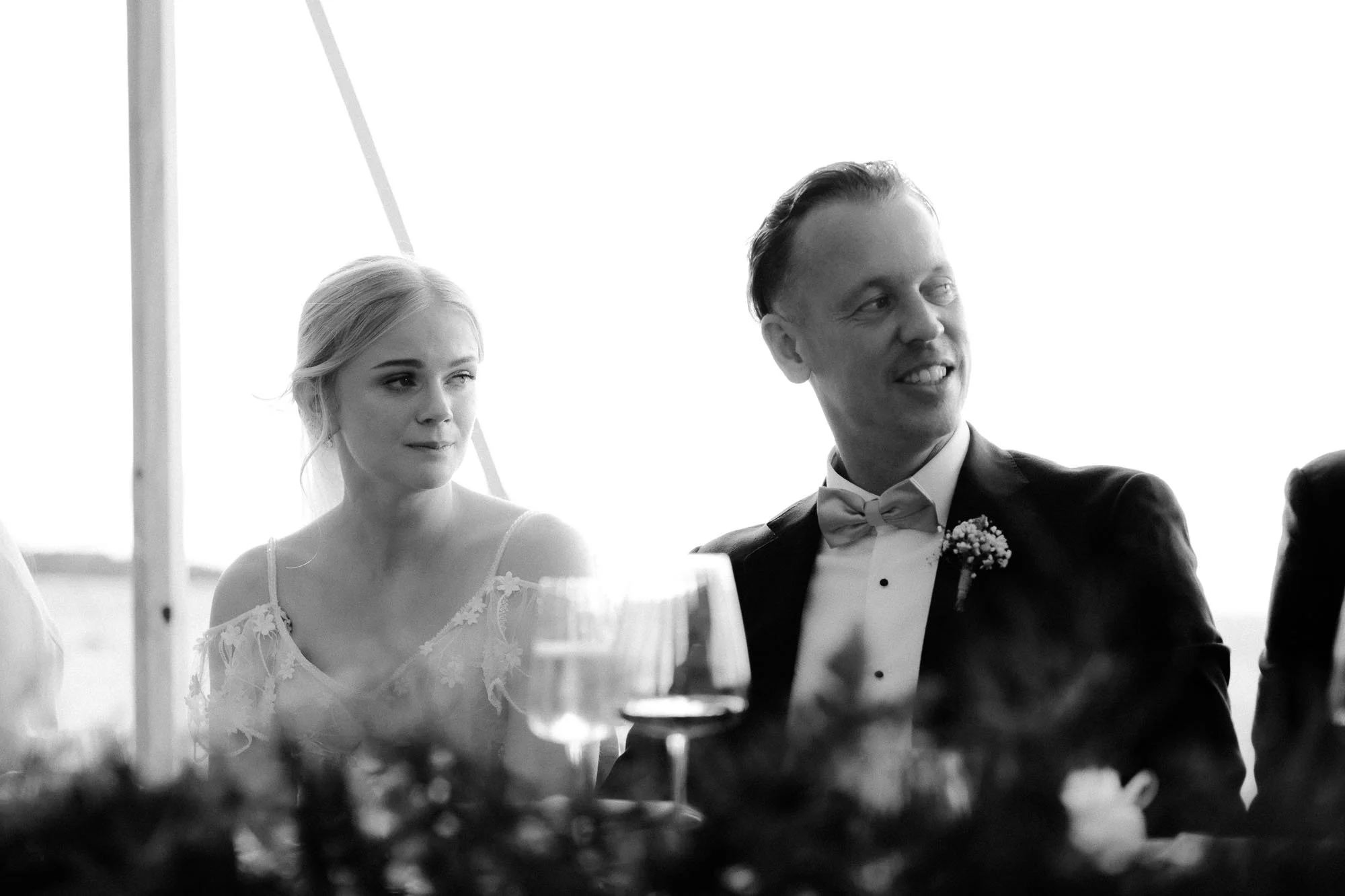 Emotional moment of bride and groom during speeches