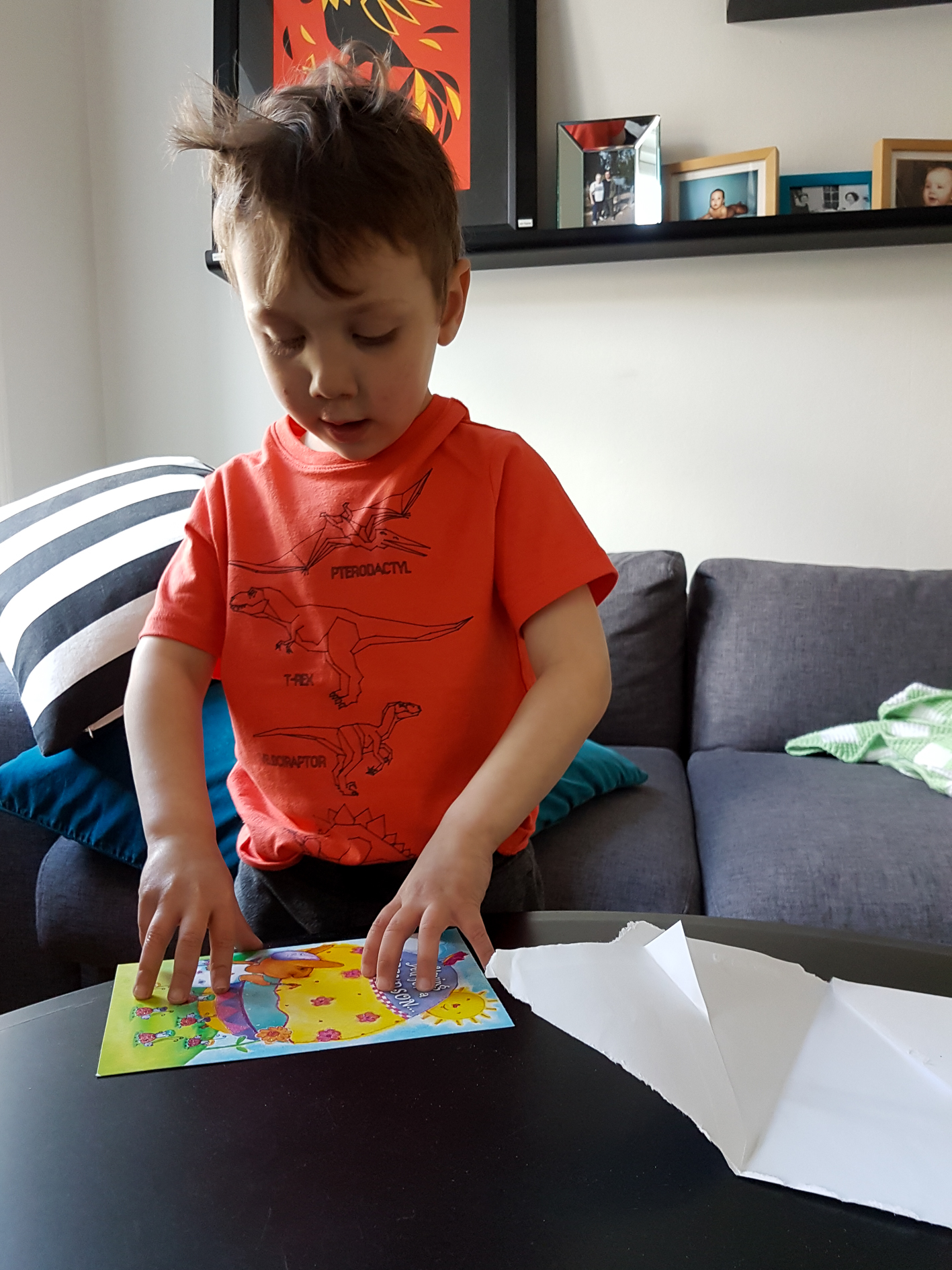 Opening his Easter card from Meema.