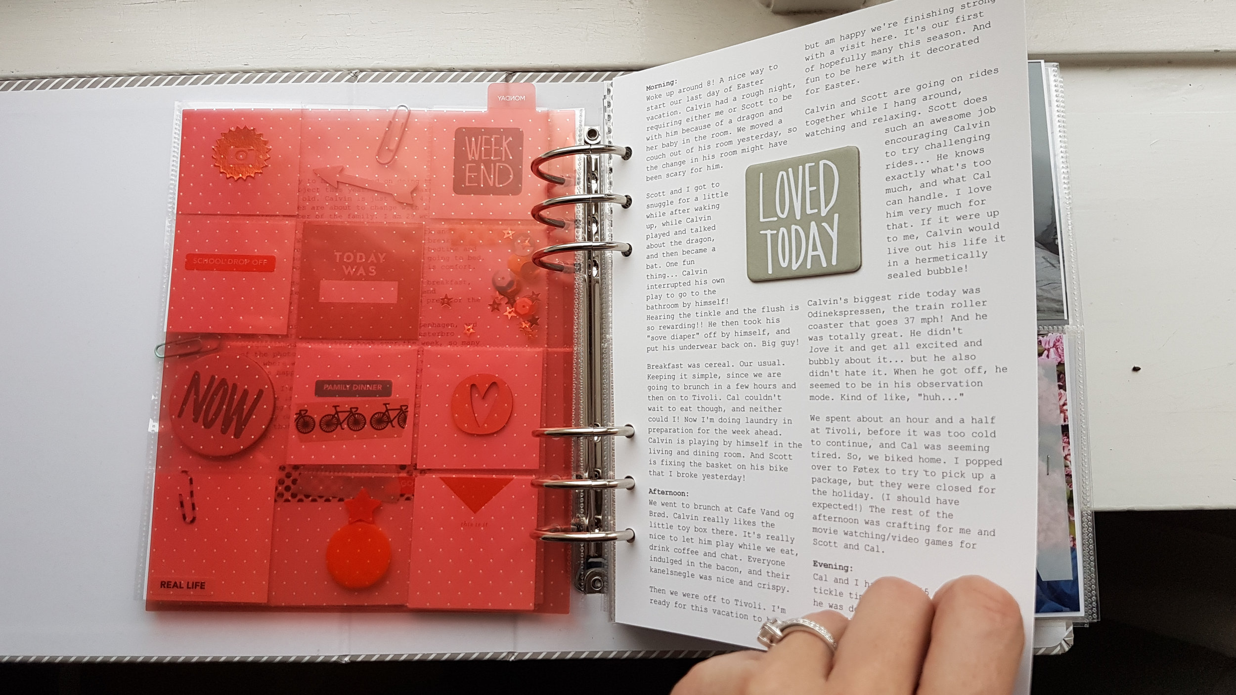 Journaling edited and formatted in Word, printed on cardstock, glued back to back and inserted directly into album.