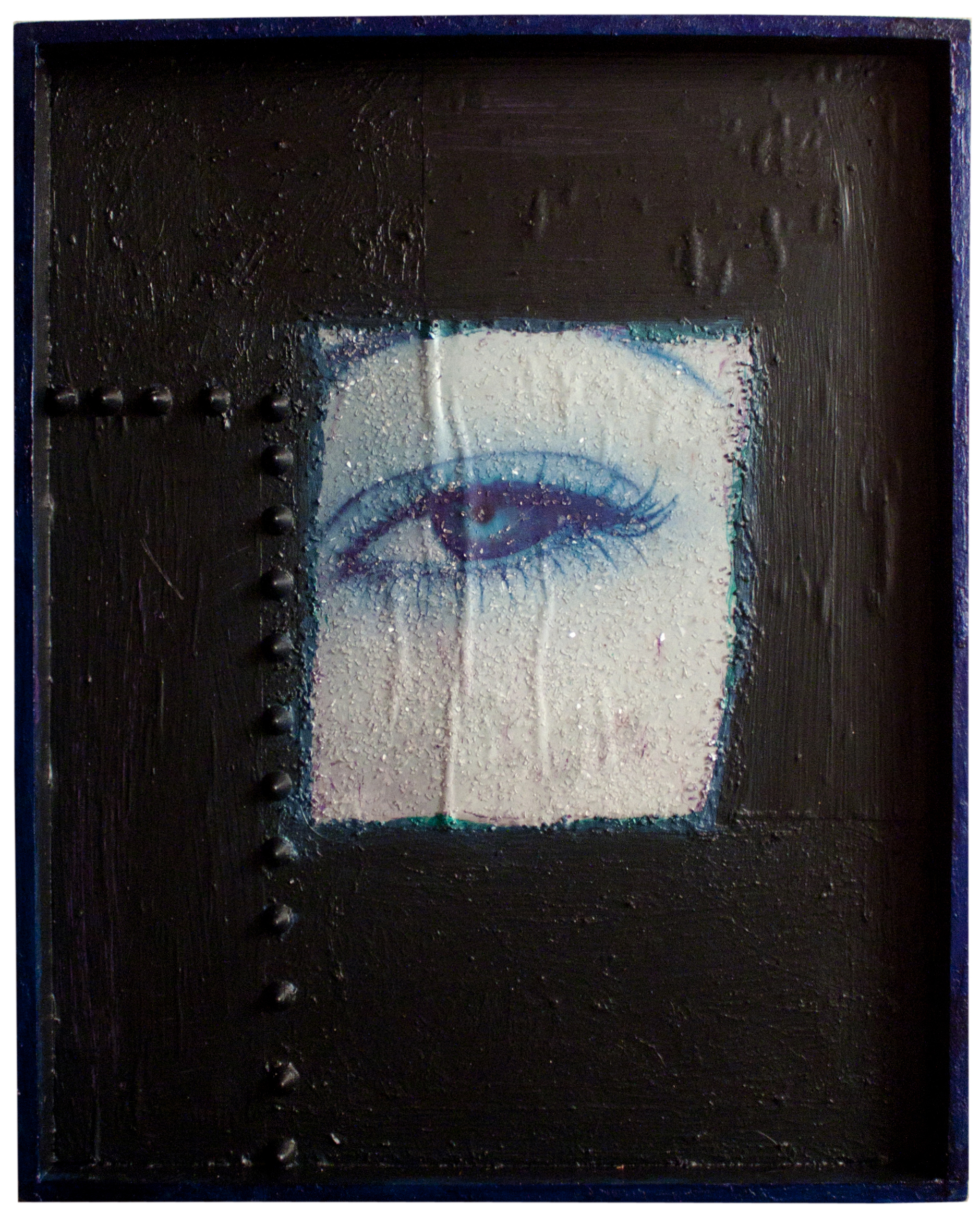God's Eye collage, acrylic paint, studs, diamond dust, marker and oil stick on wood. 10 x 12 1/2 inches 2014©rafaelsantiago