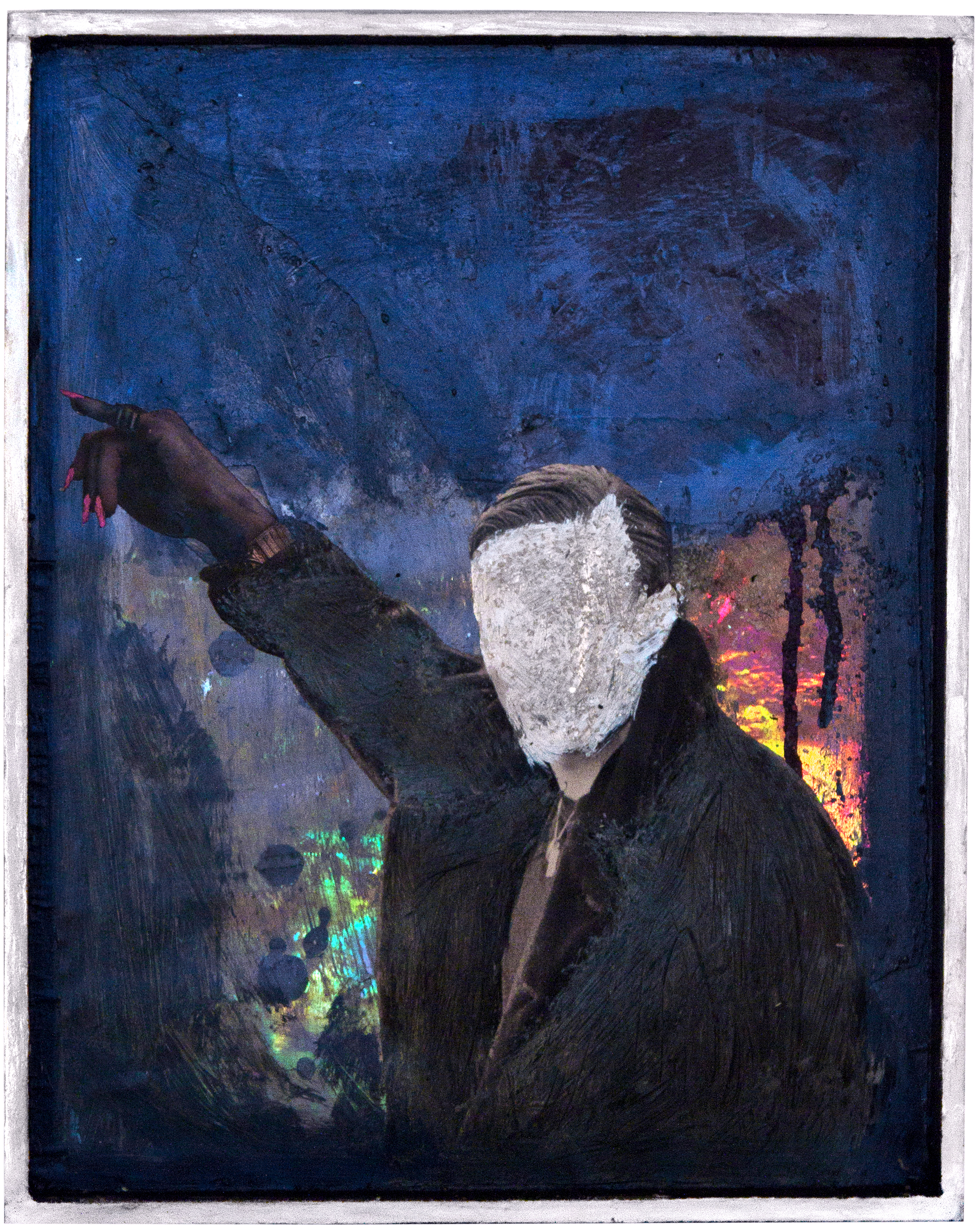 Look What Your God Has Done To Me collage, acrylic paint, oil stick, diamond dust, sebum and holograph sheet on wood. 10 x 12 1/2 inches 2014©rafaelsantiago