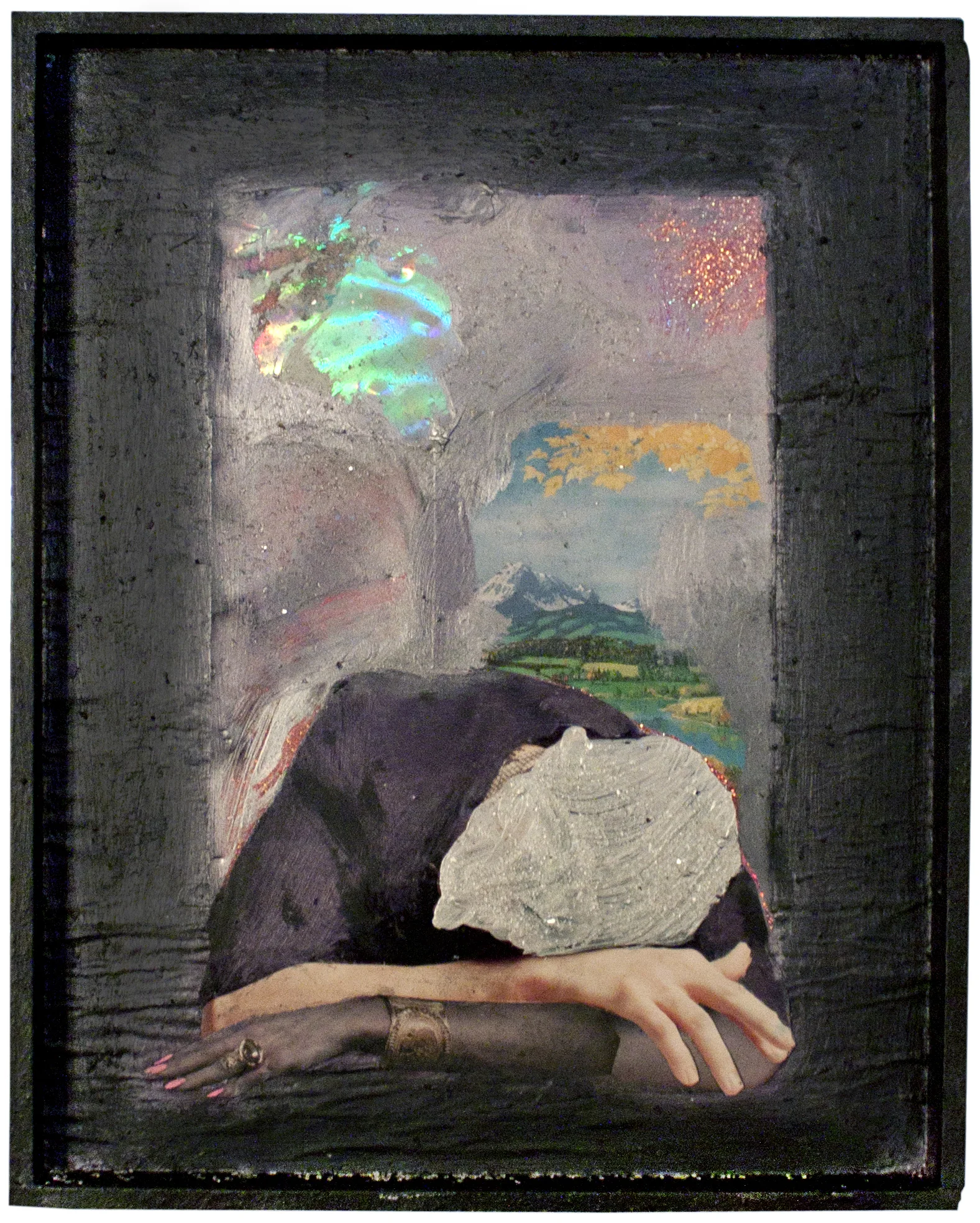 Look What Your God Has Done To Me collage, acrylic paint, oil stick, diamond dust, sebum and holograph sheet on wood. 10 x 12 1/2 inches 2014©rafaelsantiago