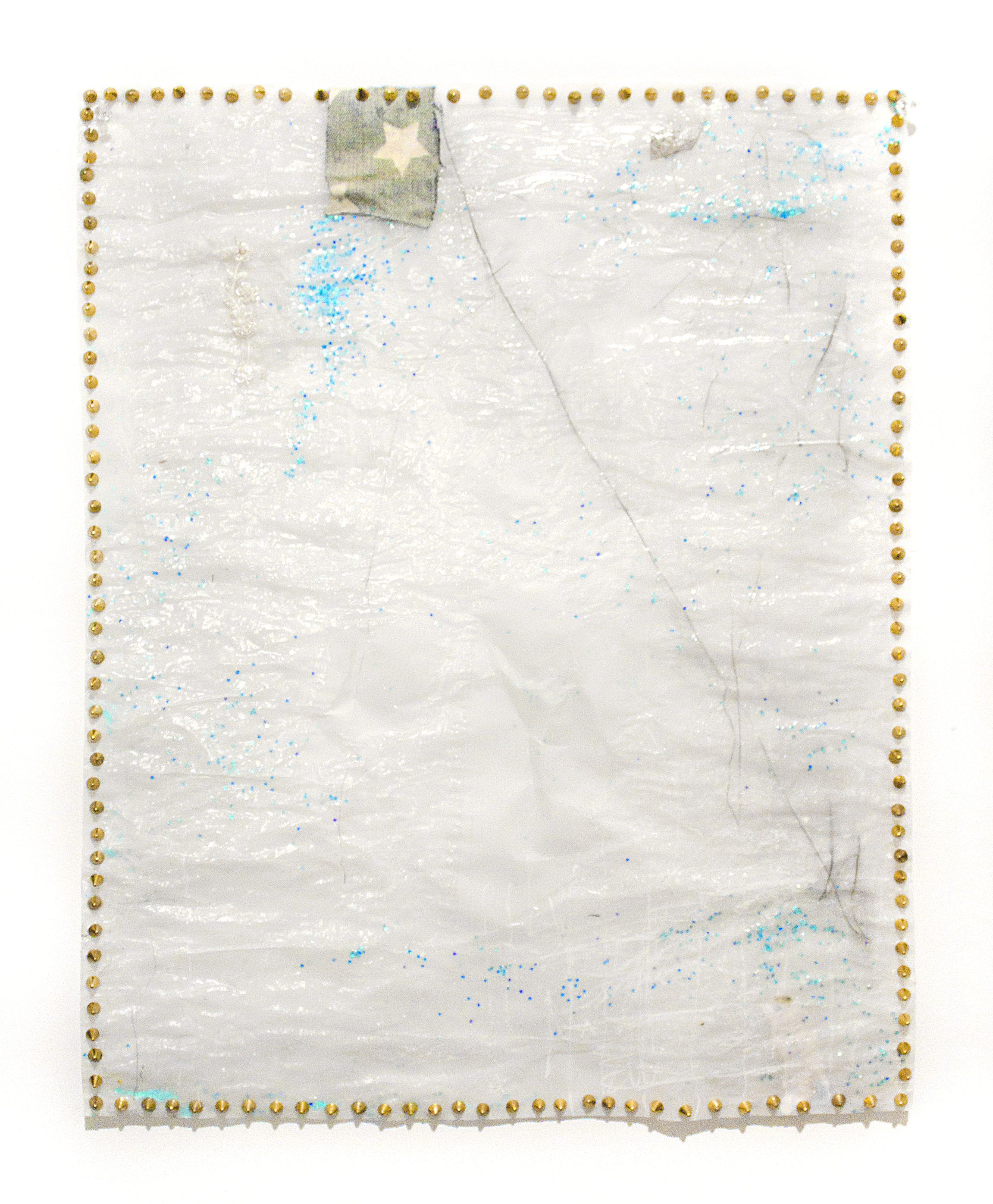 untitled charcoal, gel, glitter stars, diamond dust, denim, and brass studs on vellum 19 x 24 inches 2015