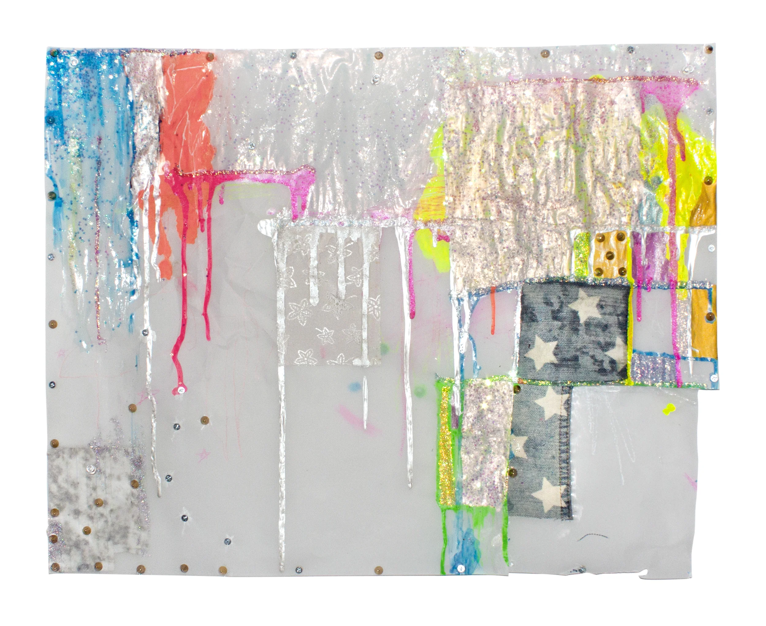 untitled acrylic, silk, denim, gel, glitter stars, diamond dust, and brass studs on vellum 19 x 24 inches 2015