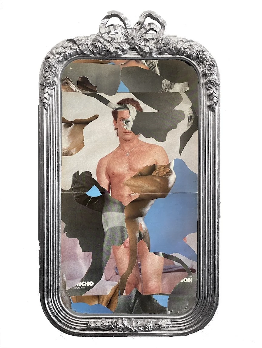 Series: Queer Interludes | analogue collage, gilded found frame | vintage tear sheets (80’s gay porn) | 11 × 20 inches signed ©RS2025