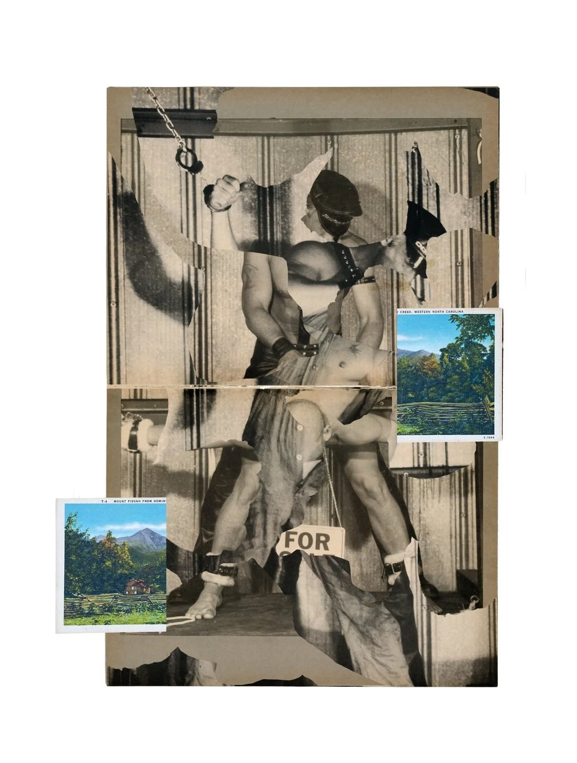 grab your crew, sir—fix! | analogue collage | vintage tear sheets (80’s gay porn) vintage postcard | 11 × 16 inches unframed signed ©RS2025