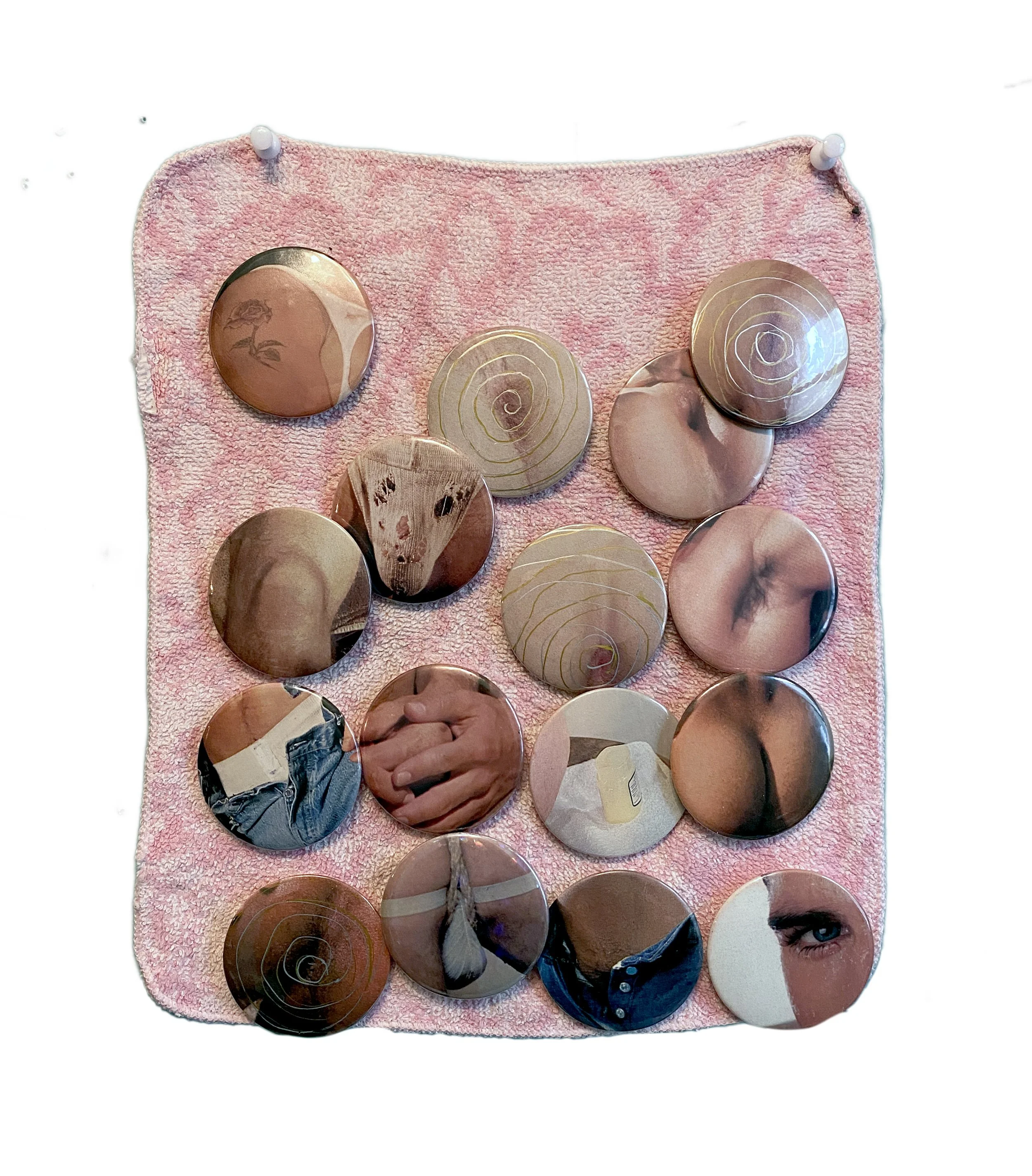 man codes | 7 x 9 inches | vintage rag, handmade pins, vintage porn, push-pins on board | ©RS2025