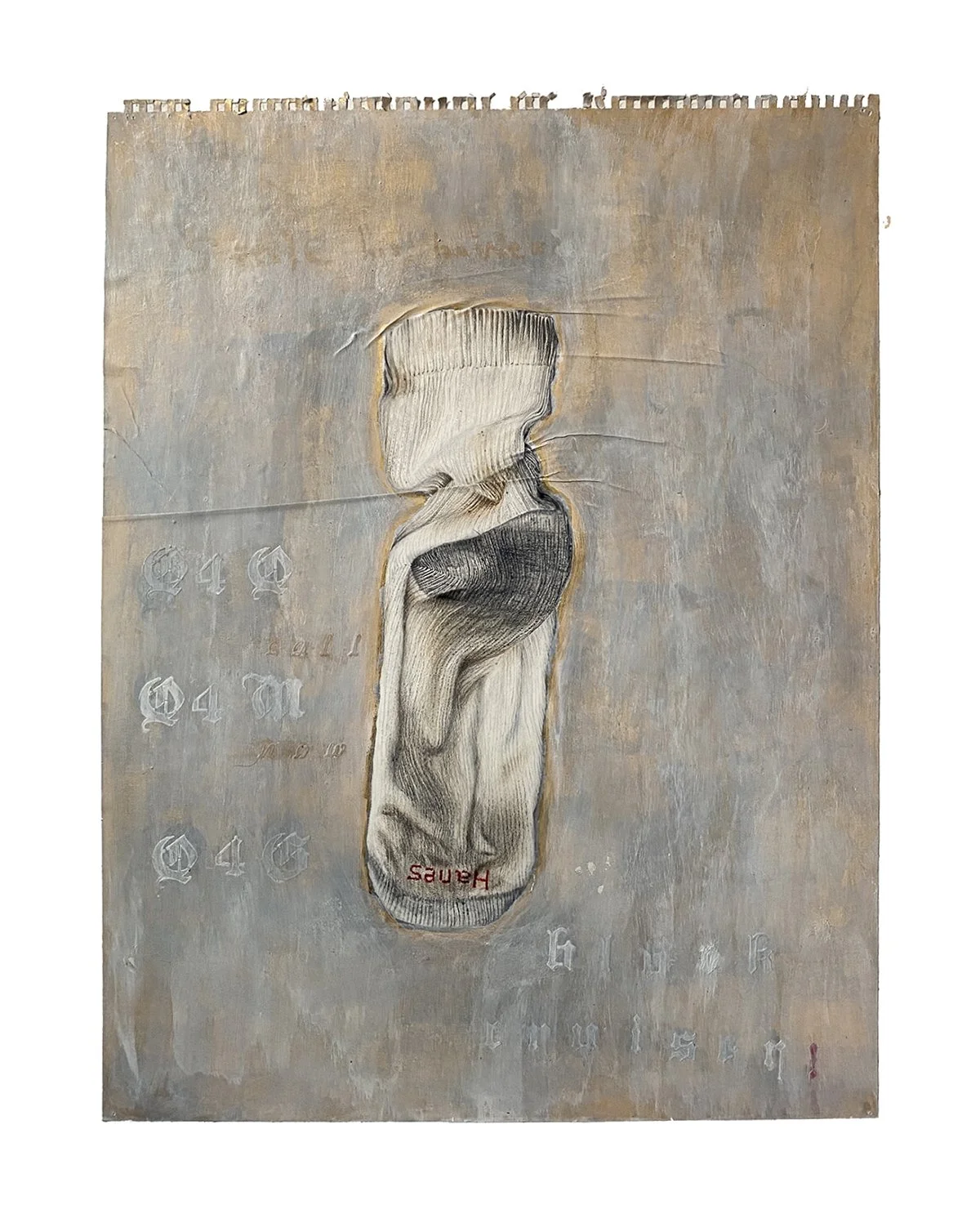 series: queer perversions | i stole his hanes | mixed-media drawing | 18 x 24 in. | colored pencil, oil paint, gilding | 2026