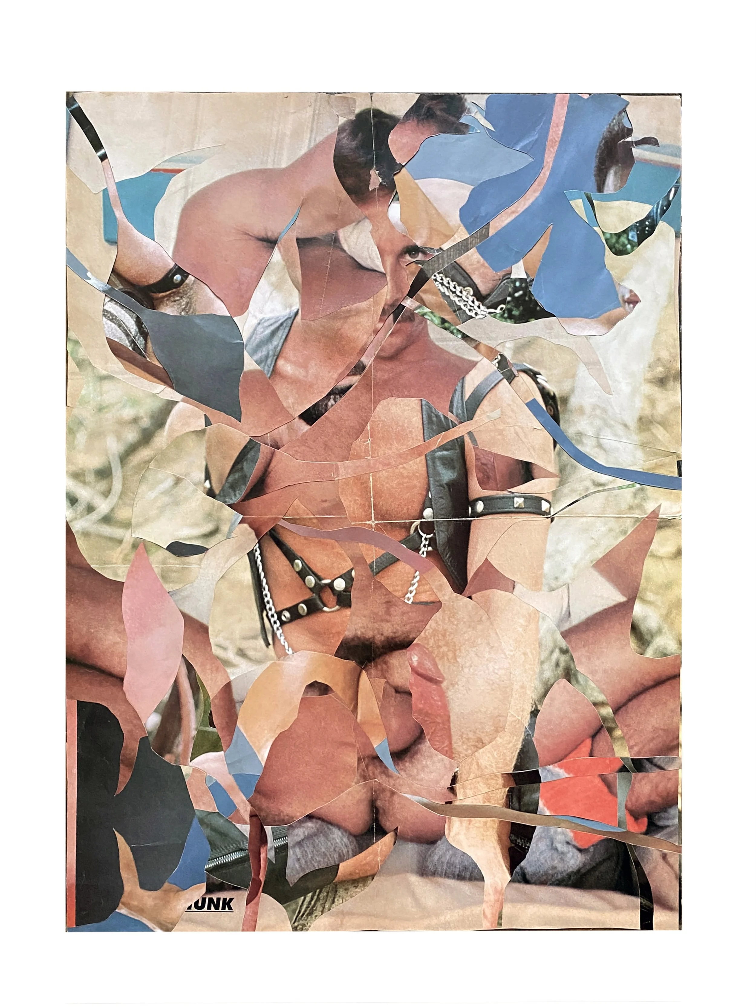 pretty in the flesh | analog collage | vintage tear sheets (80’s gay porn) vintage postcard | 16 × 22 inches unframed signed on verso |  ©RS2026