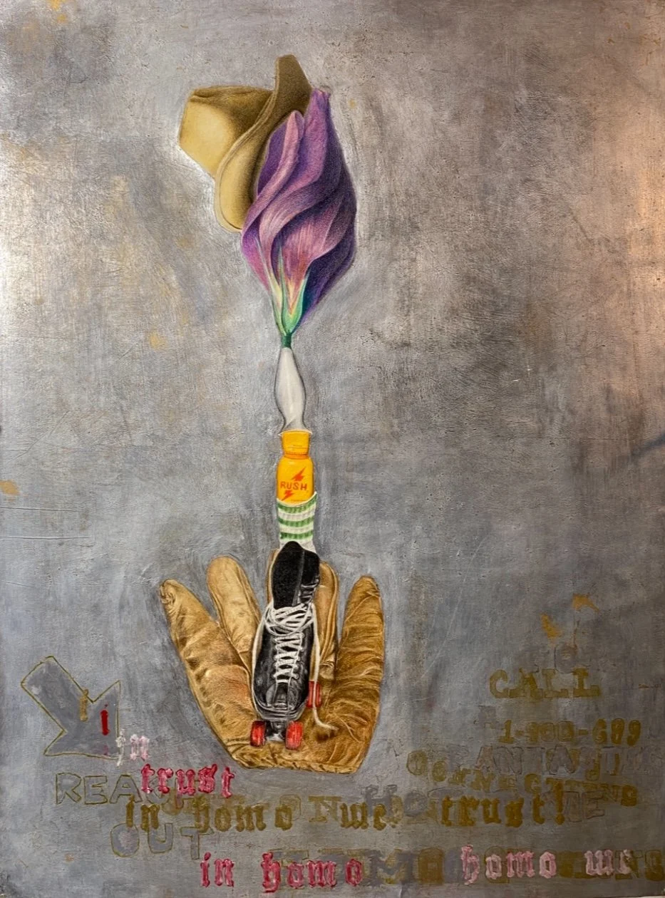 Series: classifieds/personals | call now (dial up!) | 18 x 24 inches | colored pencil, oil, brass leaf on paper  ©RS2024