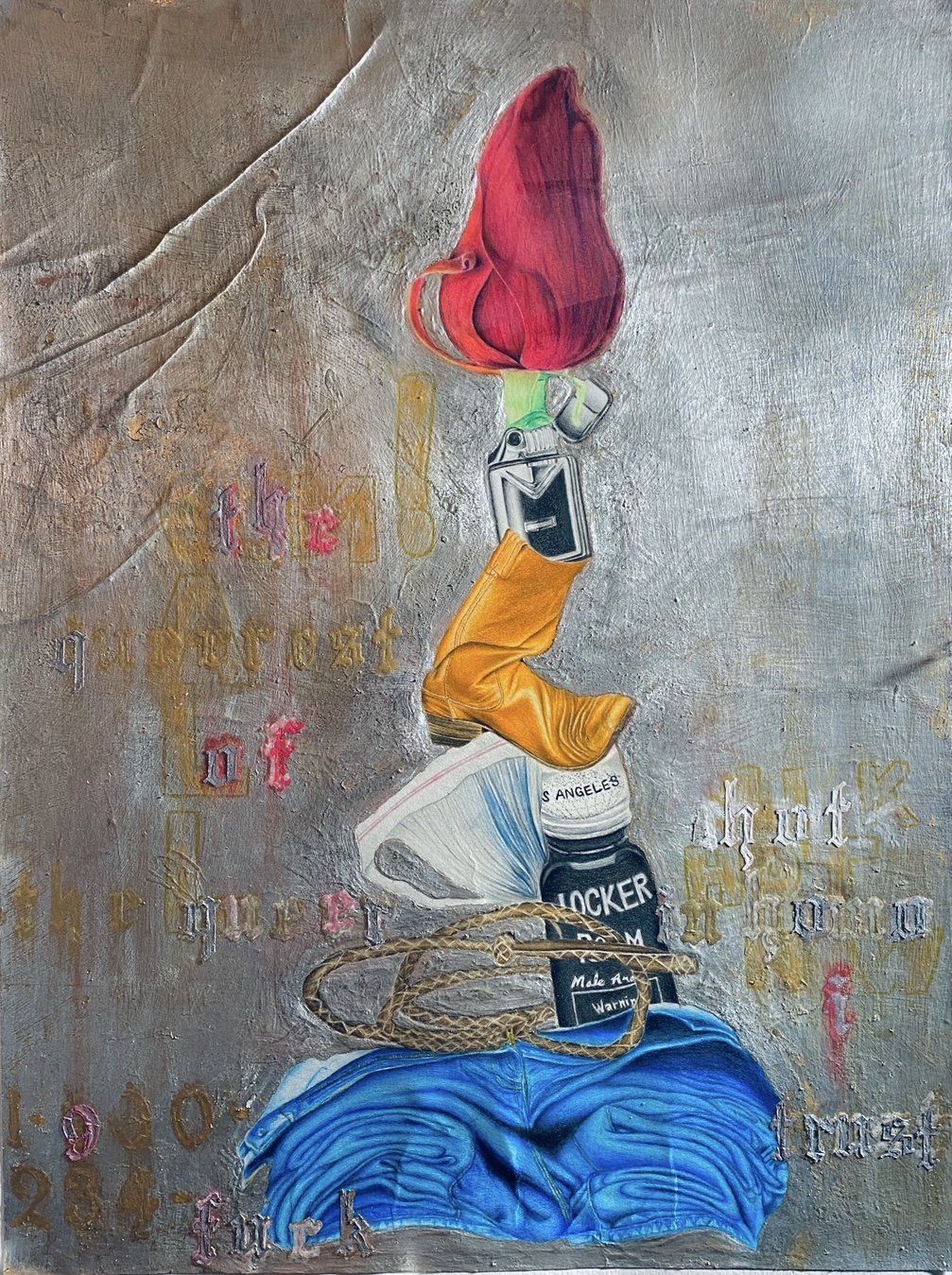 Series: classifieds/personals | queerest of the queer | 18 x 24 inches | colored pencil, oil, brass leaf  ©RS2024