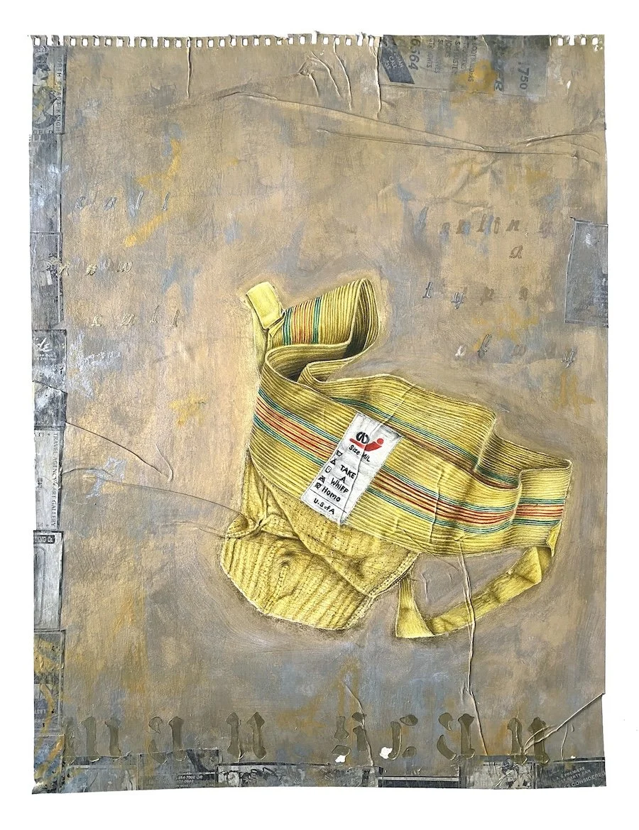series: classifieds/personals | man-scan | mixed-media drawing | 18 x 24 in. | colored pencil, collage, oil paint, gilding | 2026