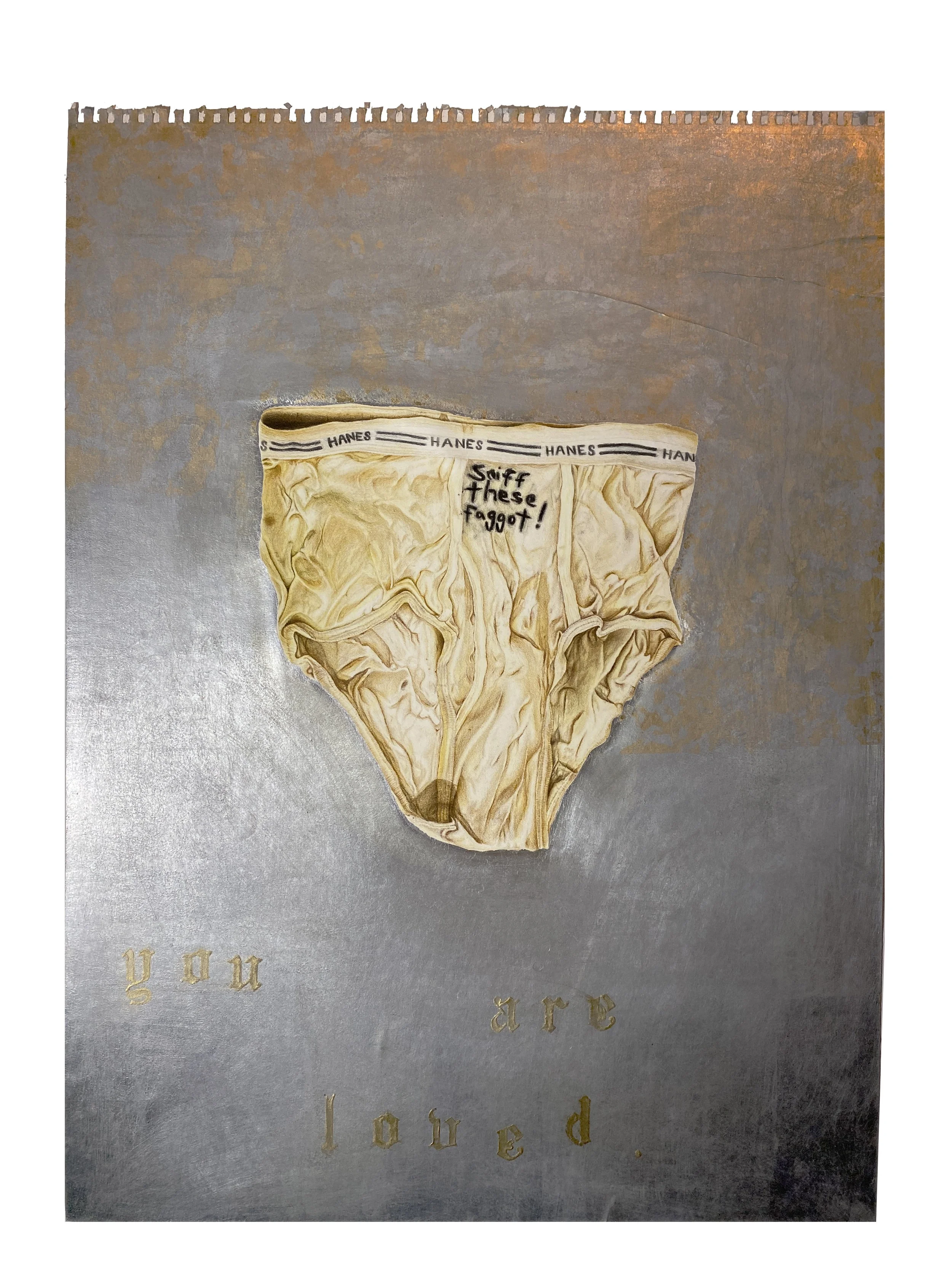 series: classifieds/personals | sniff these faggot (you are loved)  | mixed-media drawing | 18 x 24 in. | colored pencil, oil paint, gilding | 2025