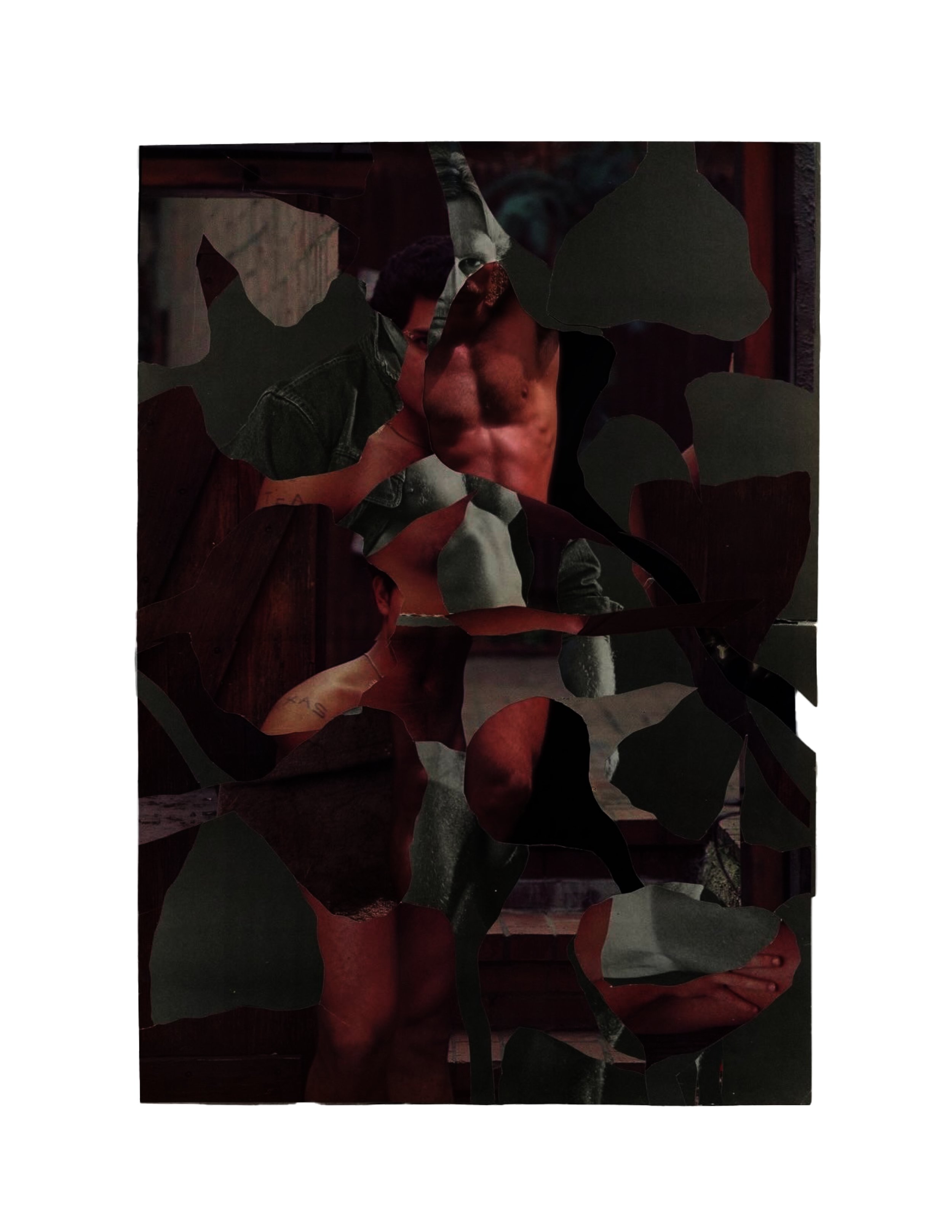 series: queer interludes 2 | something hidden | analogue collage | 11 × 16  inches | vintage tear sheets (80’s gay porn) vintage postcard | unframed  signed  ©RS2025