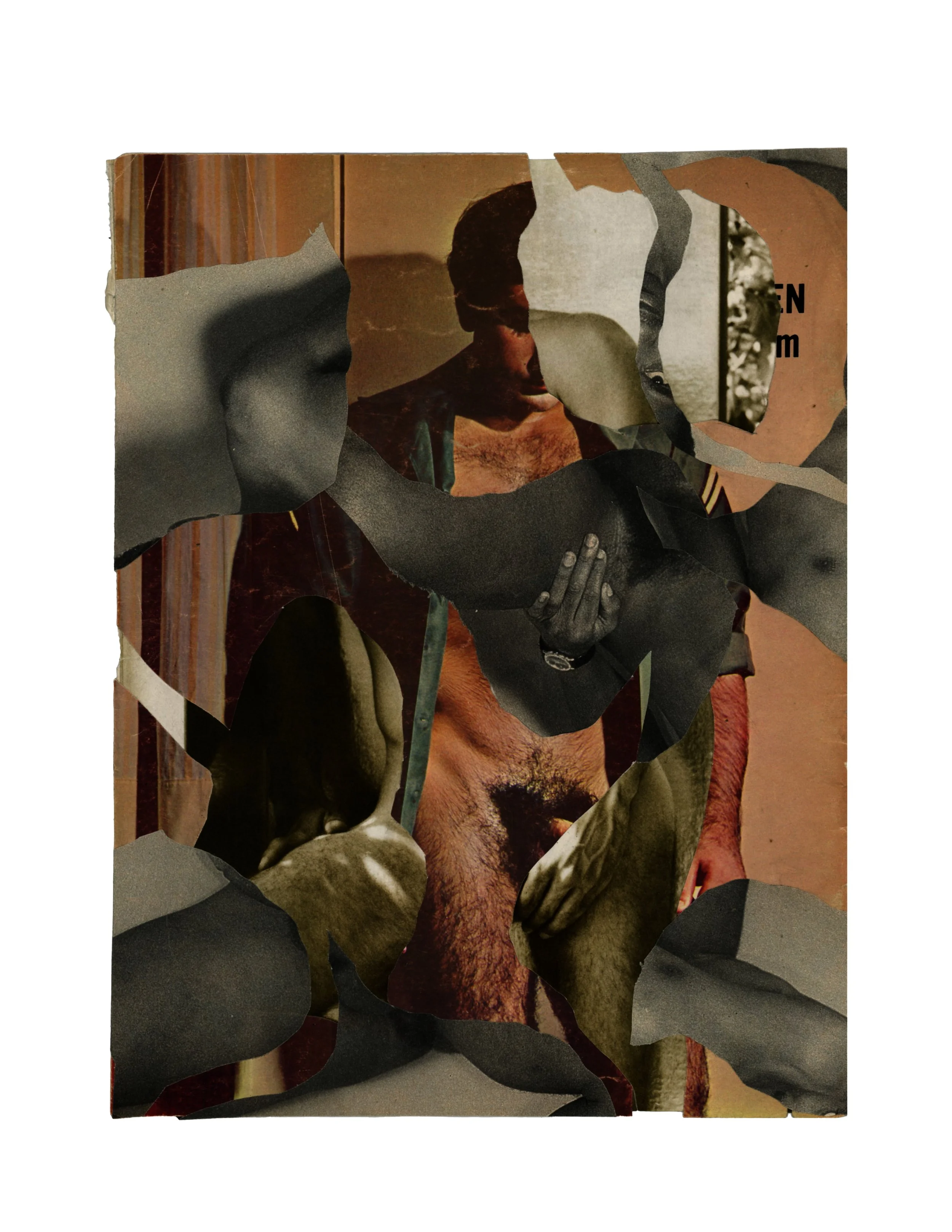 series: queer interludes 2 | something hidden |  analogue collage | vintage tear sheets (80’s gay porn) vintage postcard | 8.5 × 11  inches  unframed  signed  ©RS2025