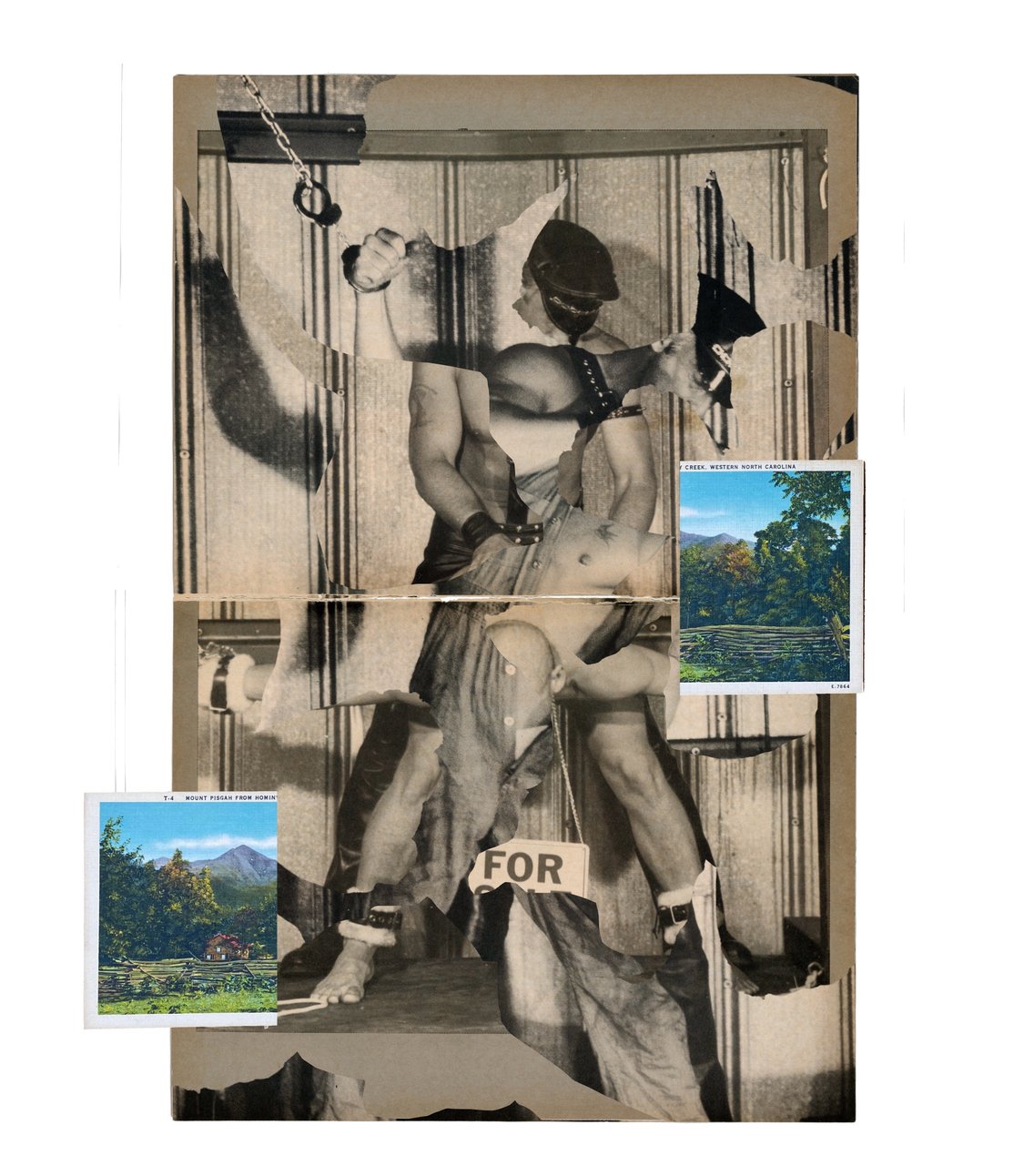 series: queer interludes 2 | grab your crew, sir—fix! |  analogue collage | vintage tear sheets (80’s gay porn) vintage postcard | 11 × 16  inches  unframed  signed  ©RS2025