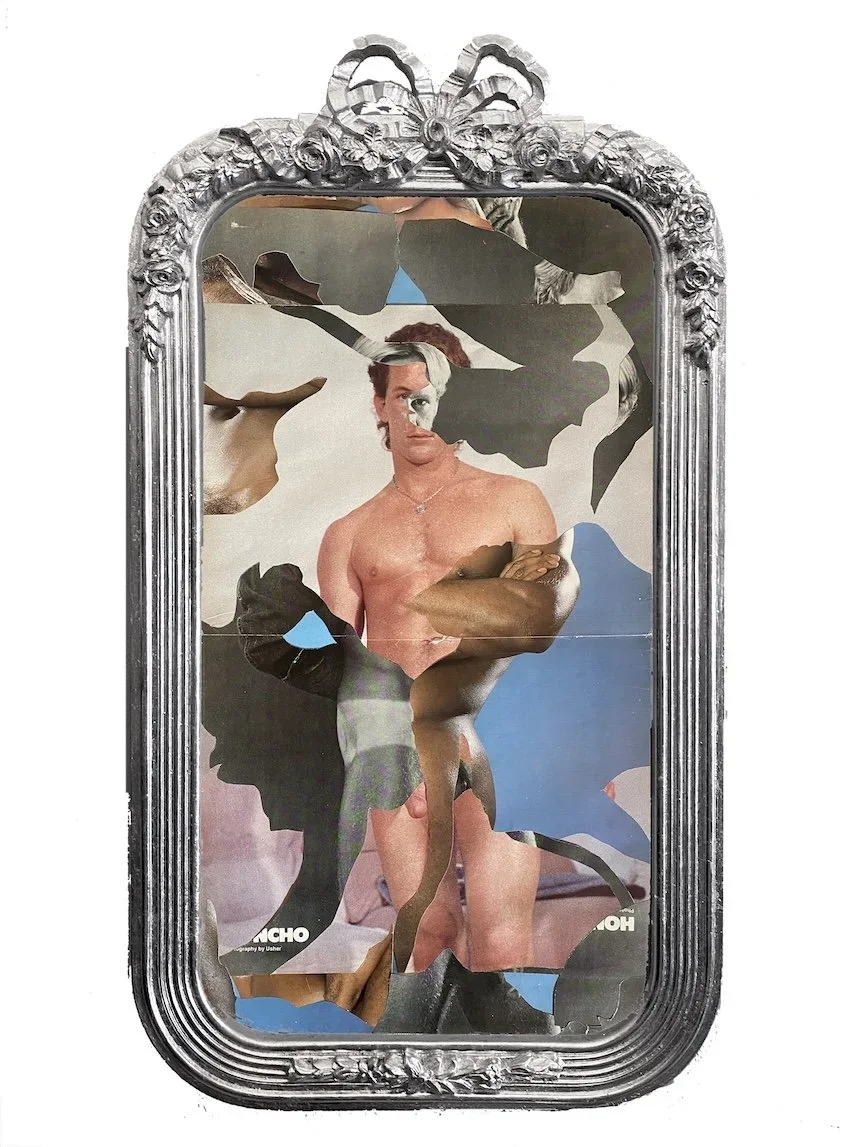 Series: Queer Interludes 2  | secret garden | analogue collage  gilded found frame  vintage tear sheets (80’s gay porn)  | 11 × 20 inches  signed  ©RS2025 