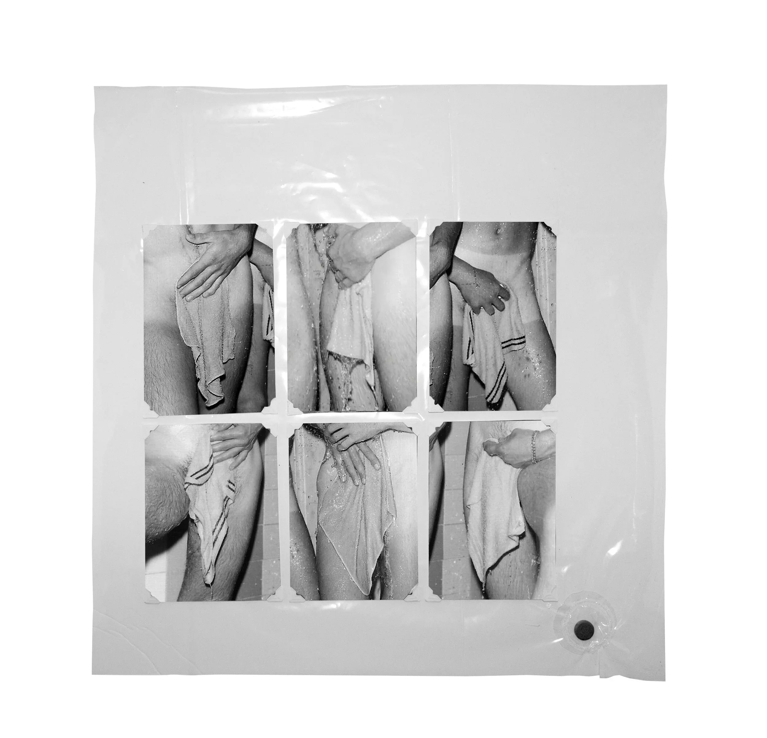 Series: showers | loin cloths |  inkjet prints on cut shower curtain | 16 x 15 inches   ©RafaelSantiago2023