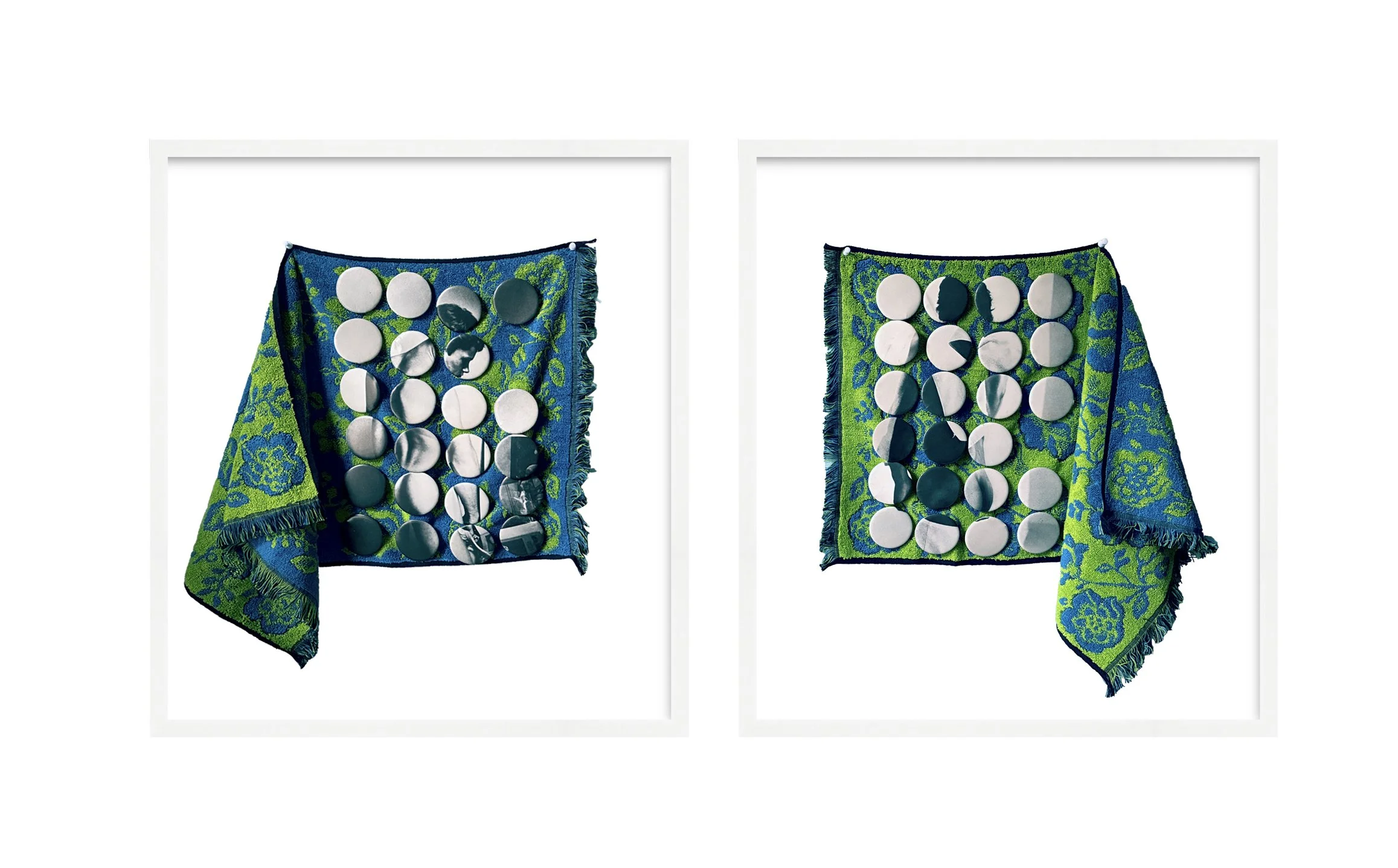 two queer lovers | 25 x 22 inches each | bespoke lapel pins, vintage hand towels | 2026