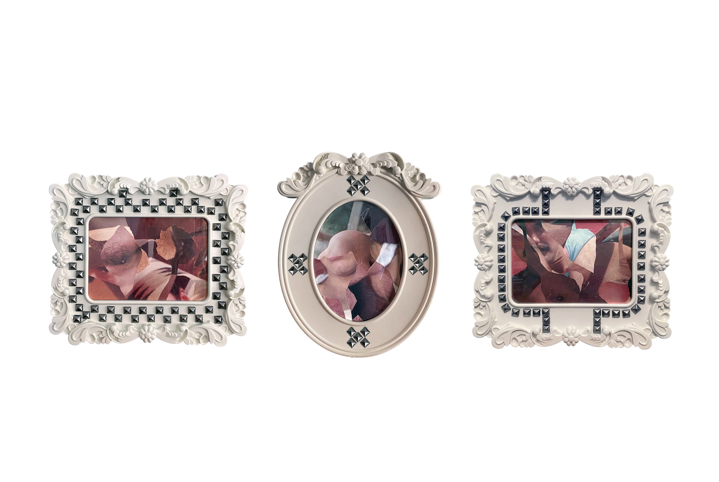 vulnerable to the body blows | triptych, 8 × 10 inches each | used frames, metal studs, collage | ©RS2025