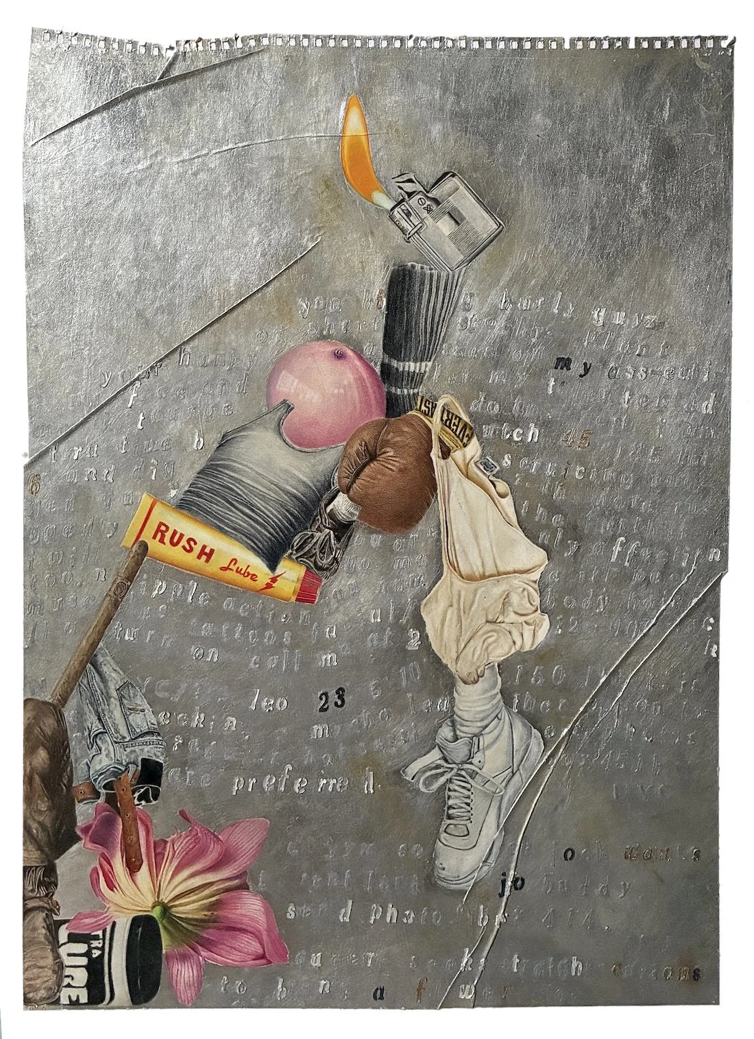 series: classified personals | servicing | mixed-media drawing | 18 x 24 in. | colored pencil, collage, oil paint, creasing, gilding | 2026