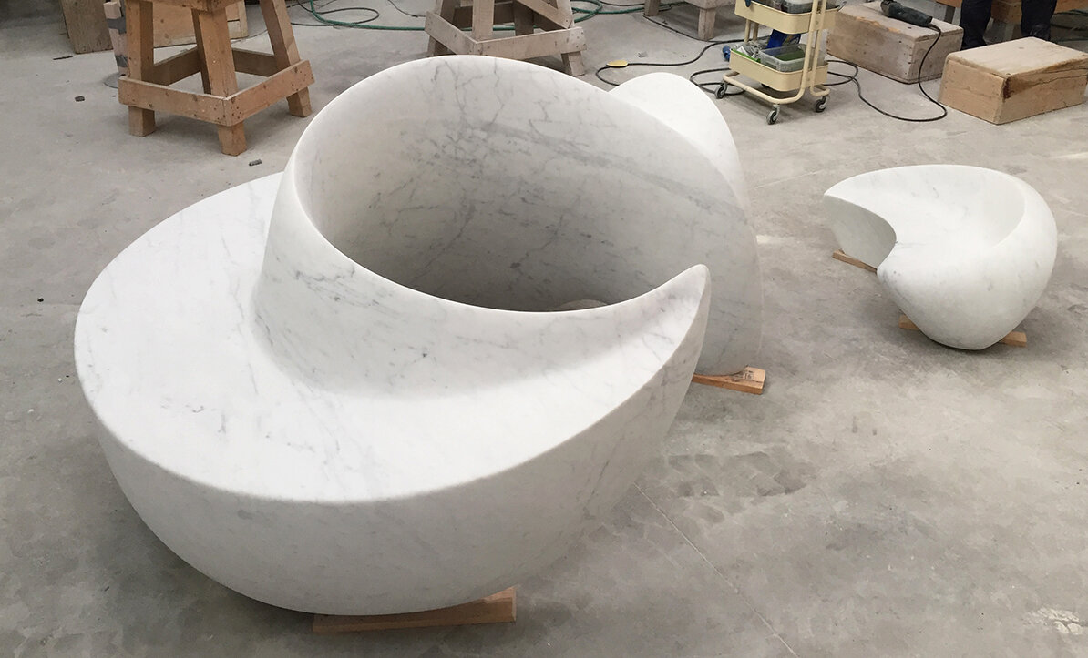 Marie Khouri 'Text Bench' in Carrara marble