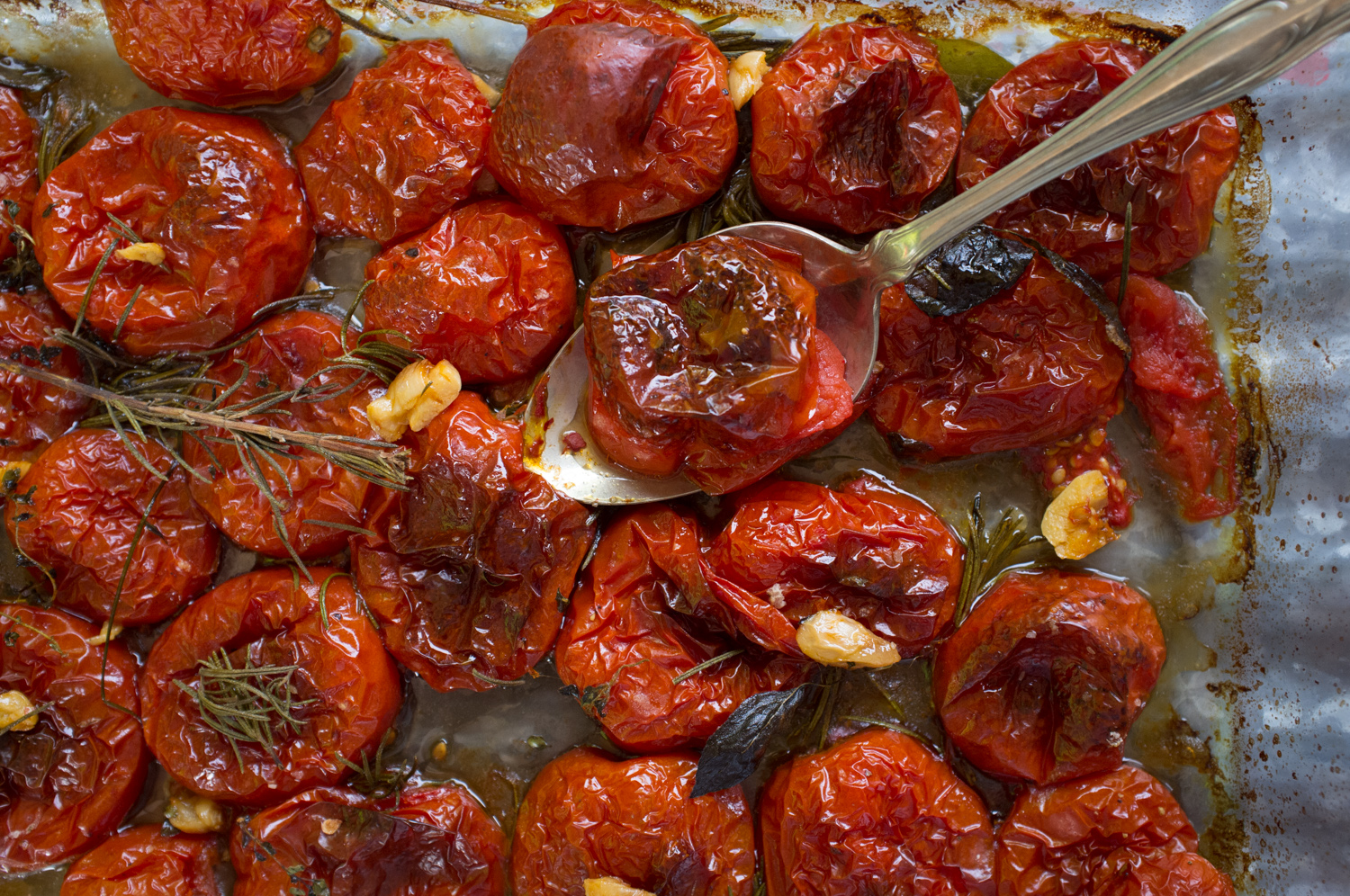 Cut the tomatoes, place in a glass rimmed baking sheet, drizzle with olive oil, add fresh herbs, and roast for hours .