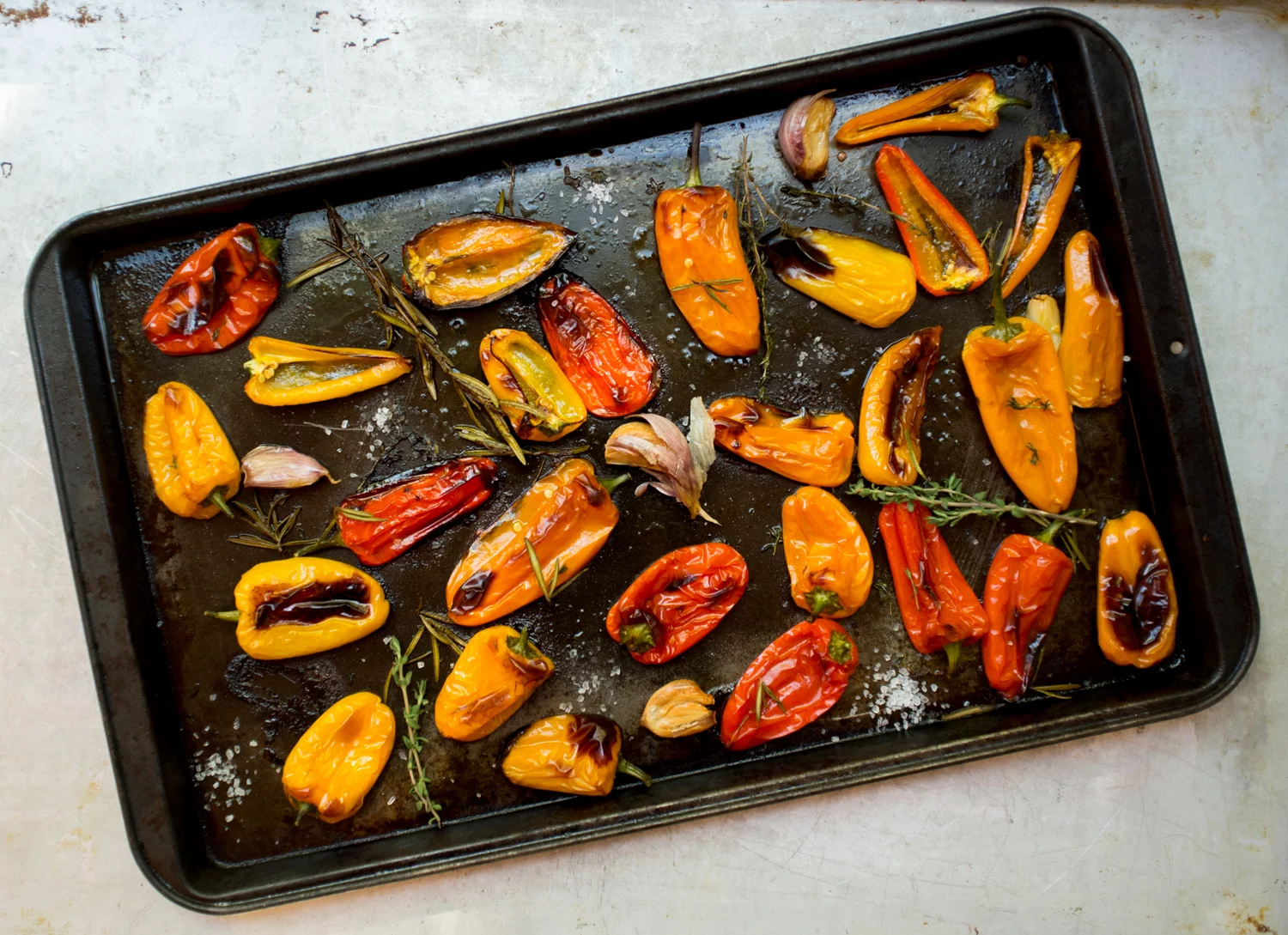 Roasted Mini Peppers and Potatoes with Fresh Thyme, Rosemary and Garlic. — love thy carrot