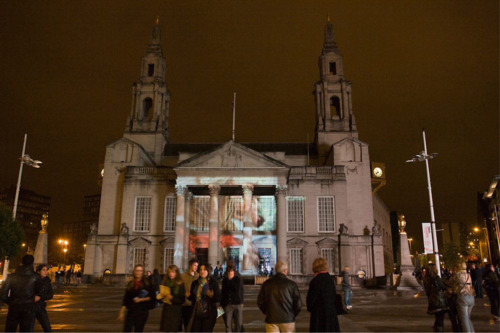 Projection across Civic Hall, Millennium Square, Leeds