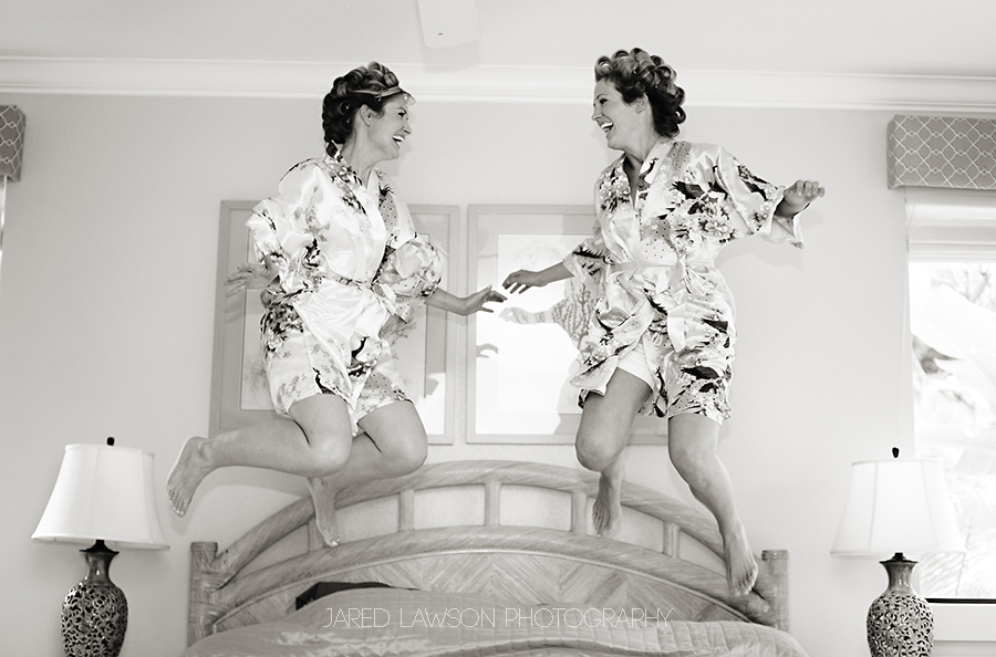 Wedding Pictures Jumping On Bed In Robes