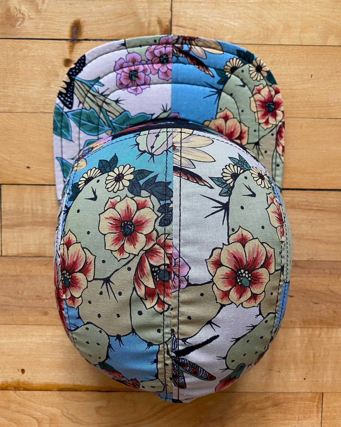 Hi folks, for September&rsquo;s hat of the month we have this amazing floral desert fabric in three color ways. We decided to do a checkerboard pattern, with a split color brim. Was really fun but not gonna lie also got super confusing, the seam ripp