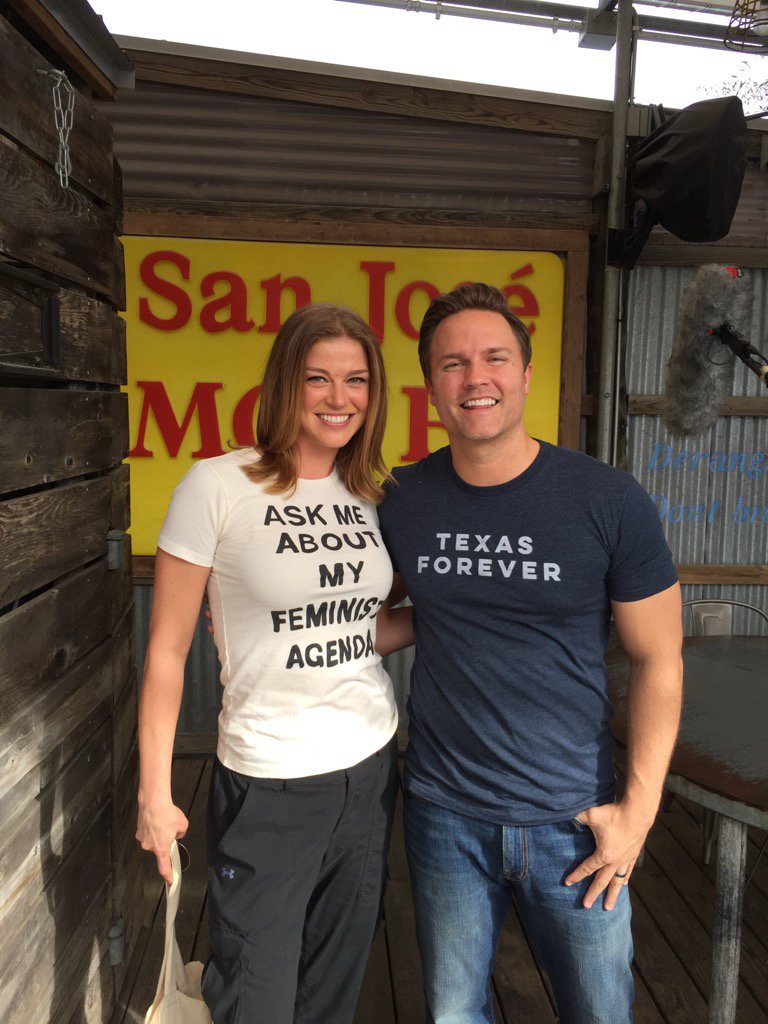 Adrianne Palicki wearing her Bobbie Morse (Mocking Bird, "Ask me about my feminist agenda" T-shirt. I lifted this pic from her twitter feed.