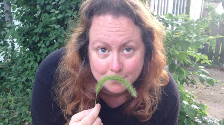 Susan with a foliage moustache