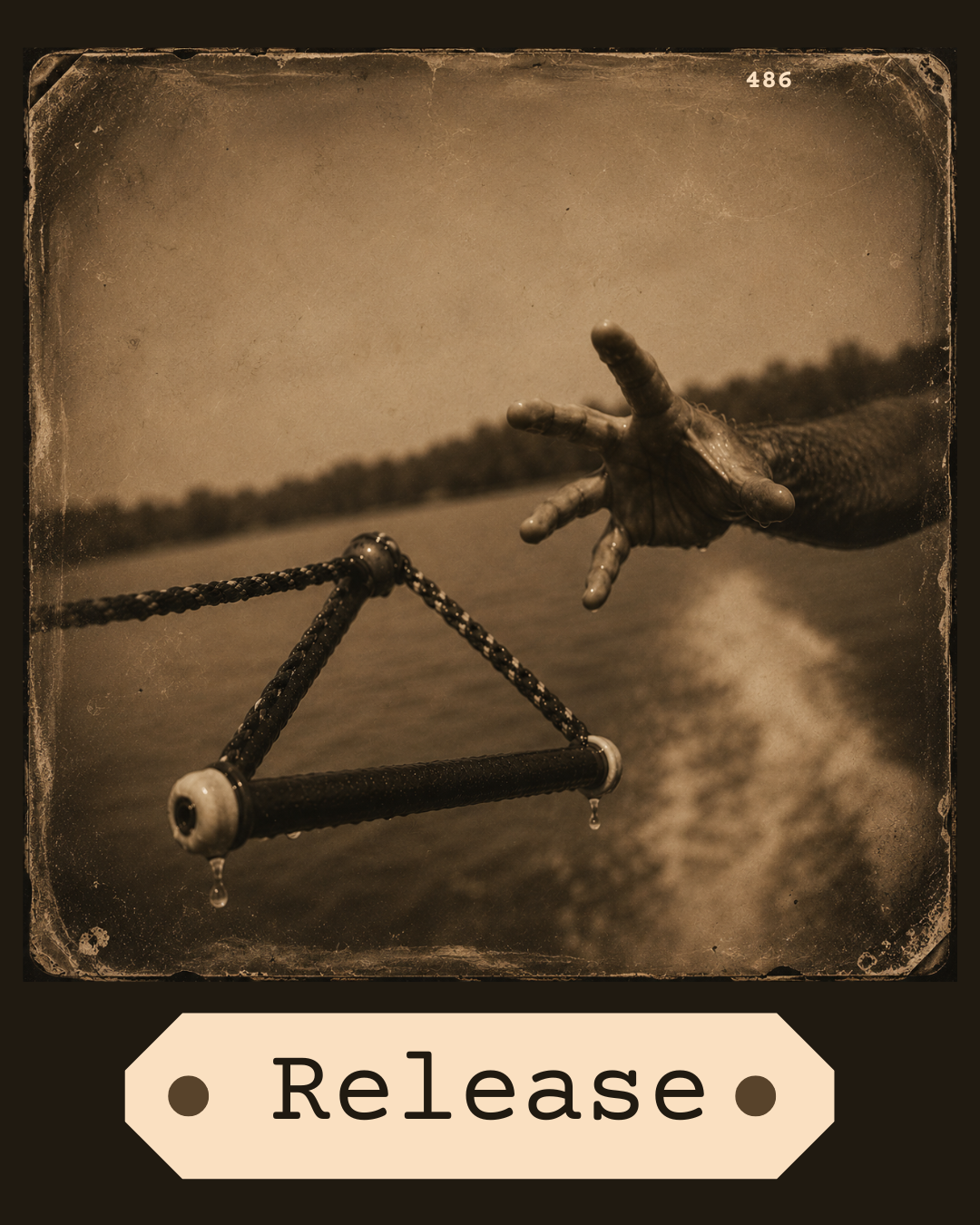 AI Generated image of a hand letting go of a water ski tow line. On a background to make it look like it is a page in an old photobook