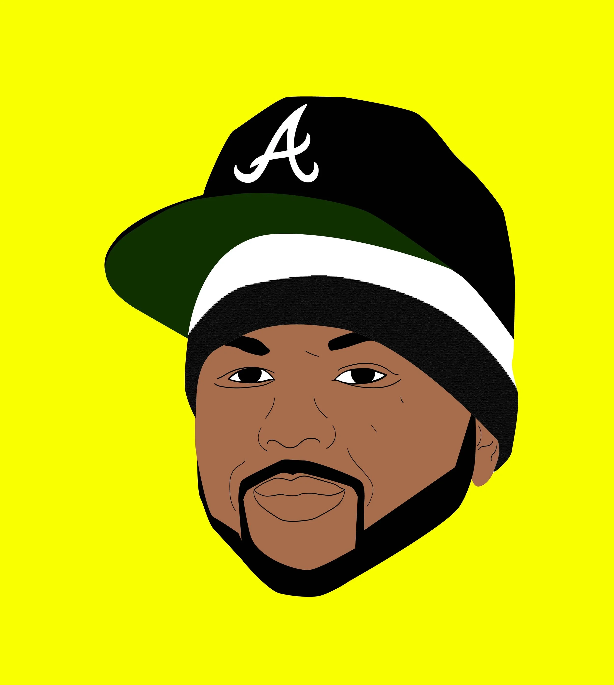 Digital illustration of a man's face with a beard, wearing a black baseball cap with an 'A' on it, layered over a beanie, set against a bright yellow background.