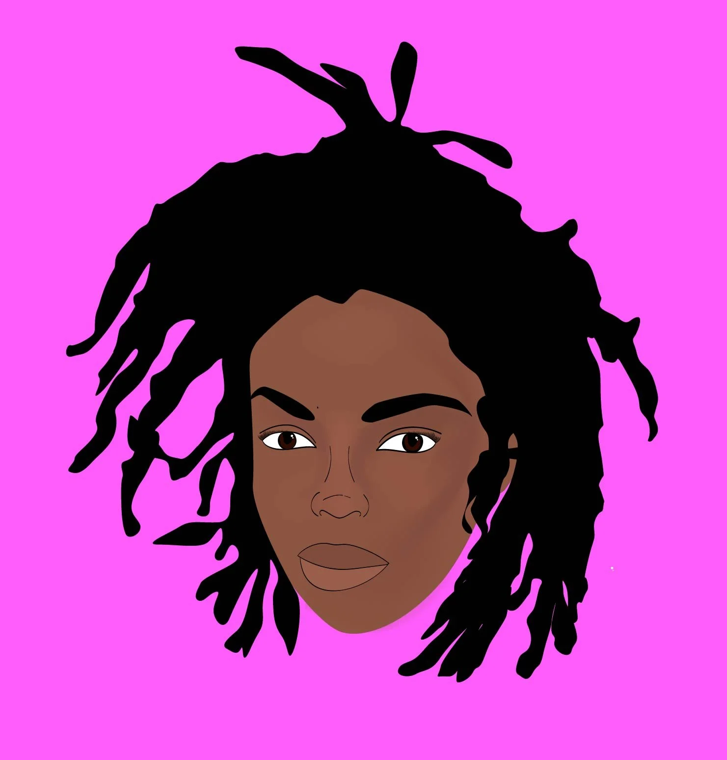Digital illustration of a woman with dark skin and dreadlocks against a pink background.