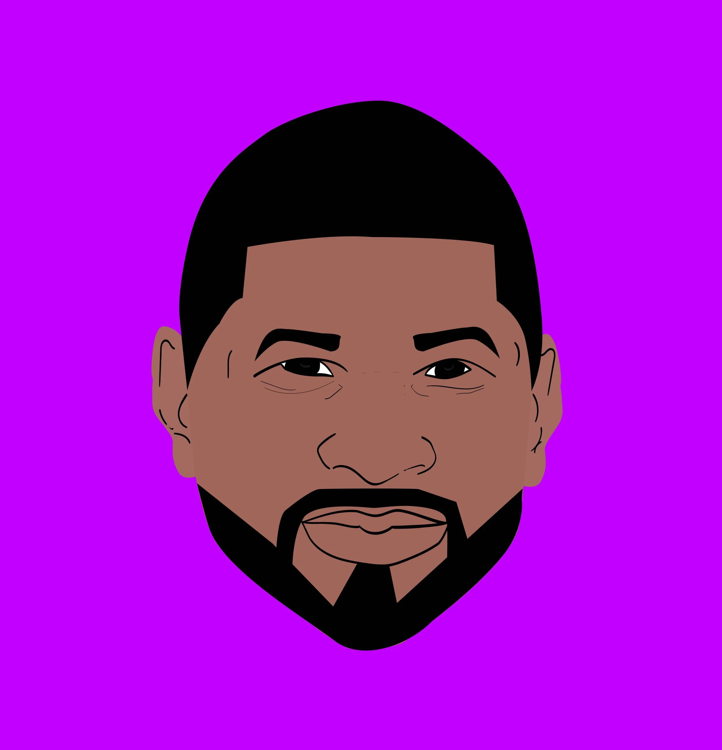 Digital illustration of a man with a beard and short hair against a purple background.