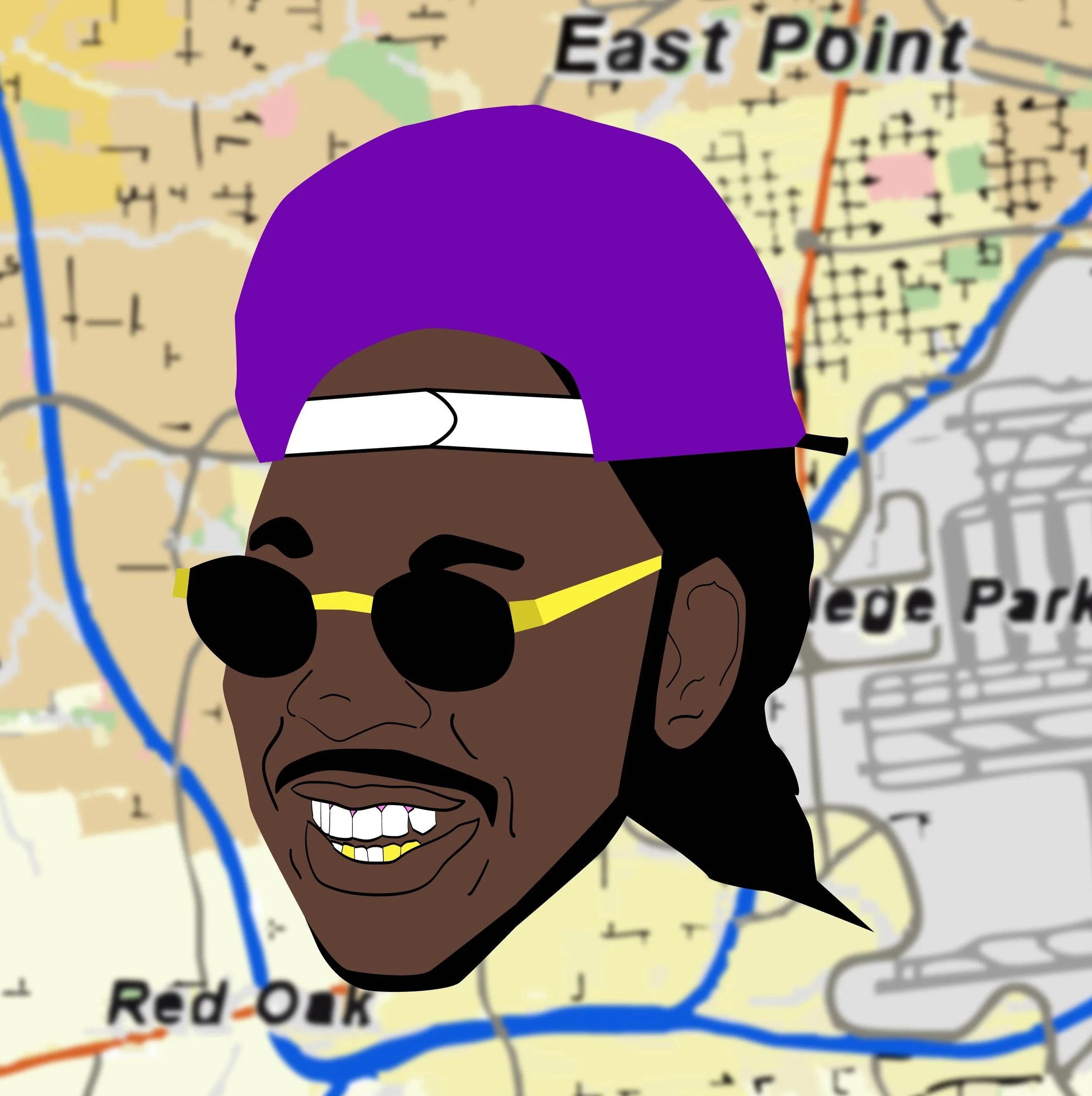 An illustrated person with dark skin, wearing black sunglasses with yellow frames, a purple cap turned backward, and gold grills on their teeth, smiling in front of a city map background.