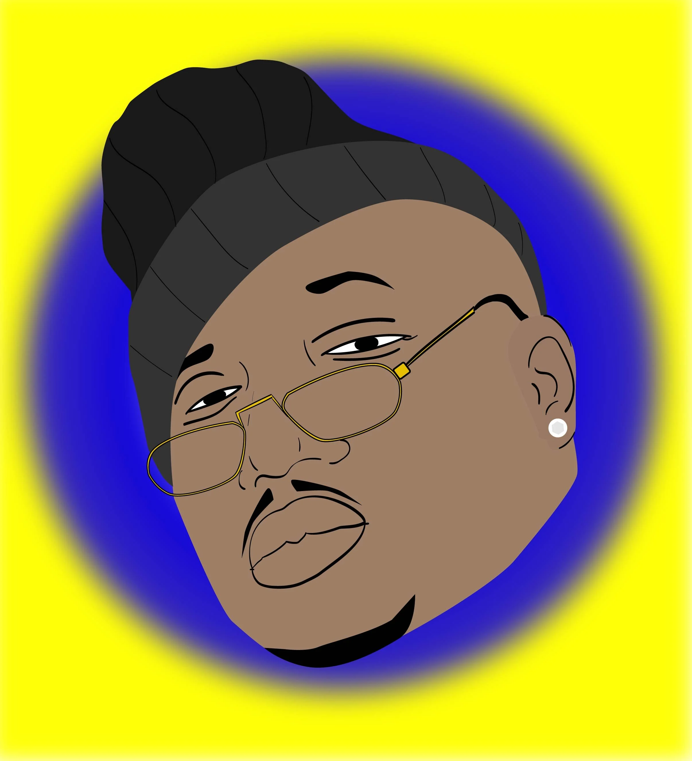 Digital illustration of a woman with dark skin, styled hair in an updo, wearing glasses and an earring, set against a vibrant yellow background with a blue halo.