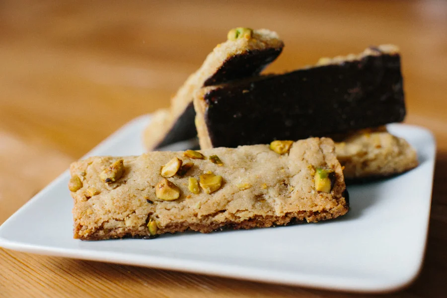 Chocolate Dipped Pistachio Cookie Sticks // Becca Bakes (www.becca-bakes.com)