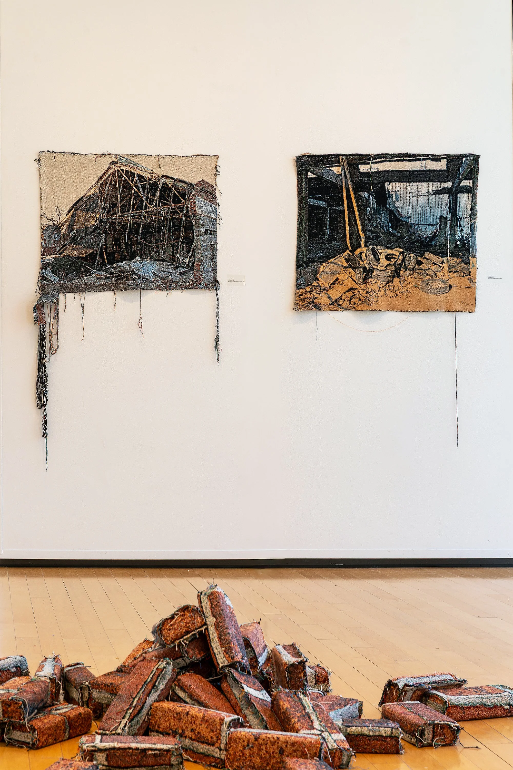   Youngstown 5,  2017 (left),  Youngstown 4,  2018 (right) and  Brick by Brick,  2017 (foreground)  Deconstructed woven photographs and photographic objects                                       