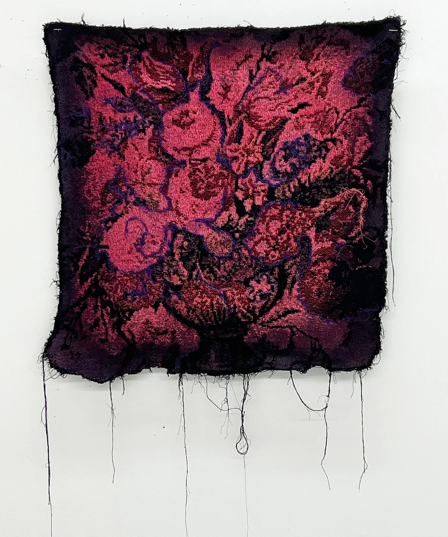   Crimson, 2026   Woven textile photograph, hand-dyed, deconstructed with embroidery, 21”x21” 