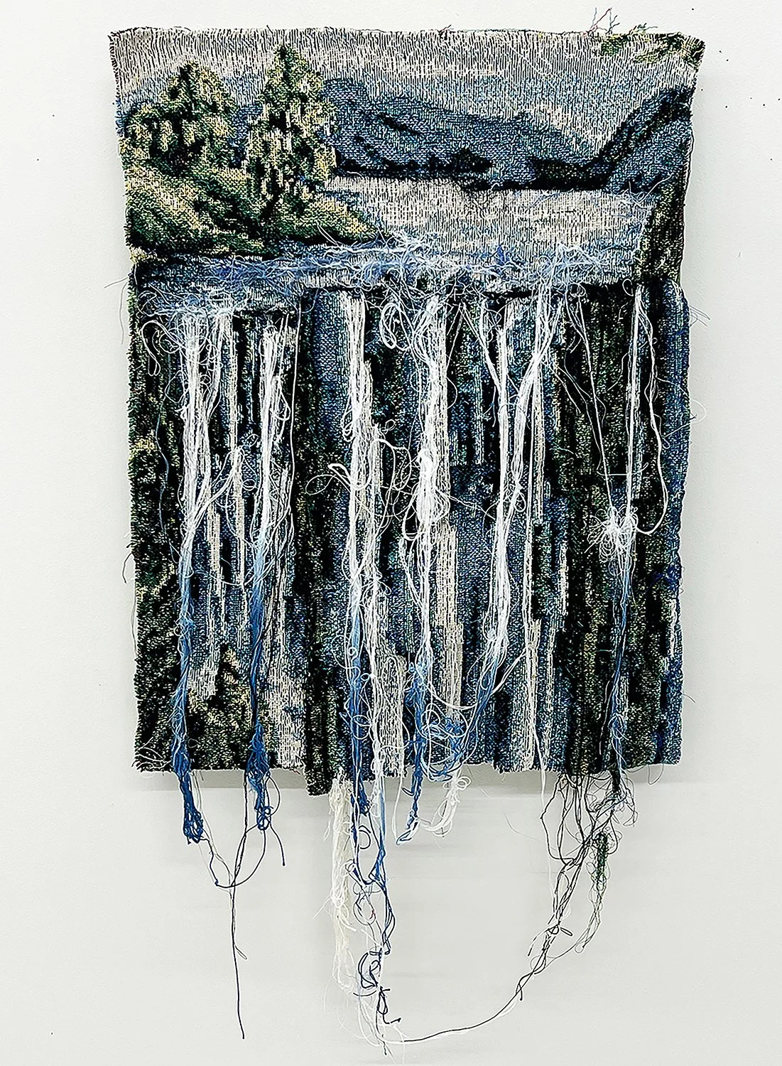   Overflow, 2026   Woven textile photograph deconstructed with embroidery mounted on panel, 20”x20” 