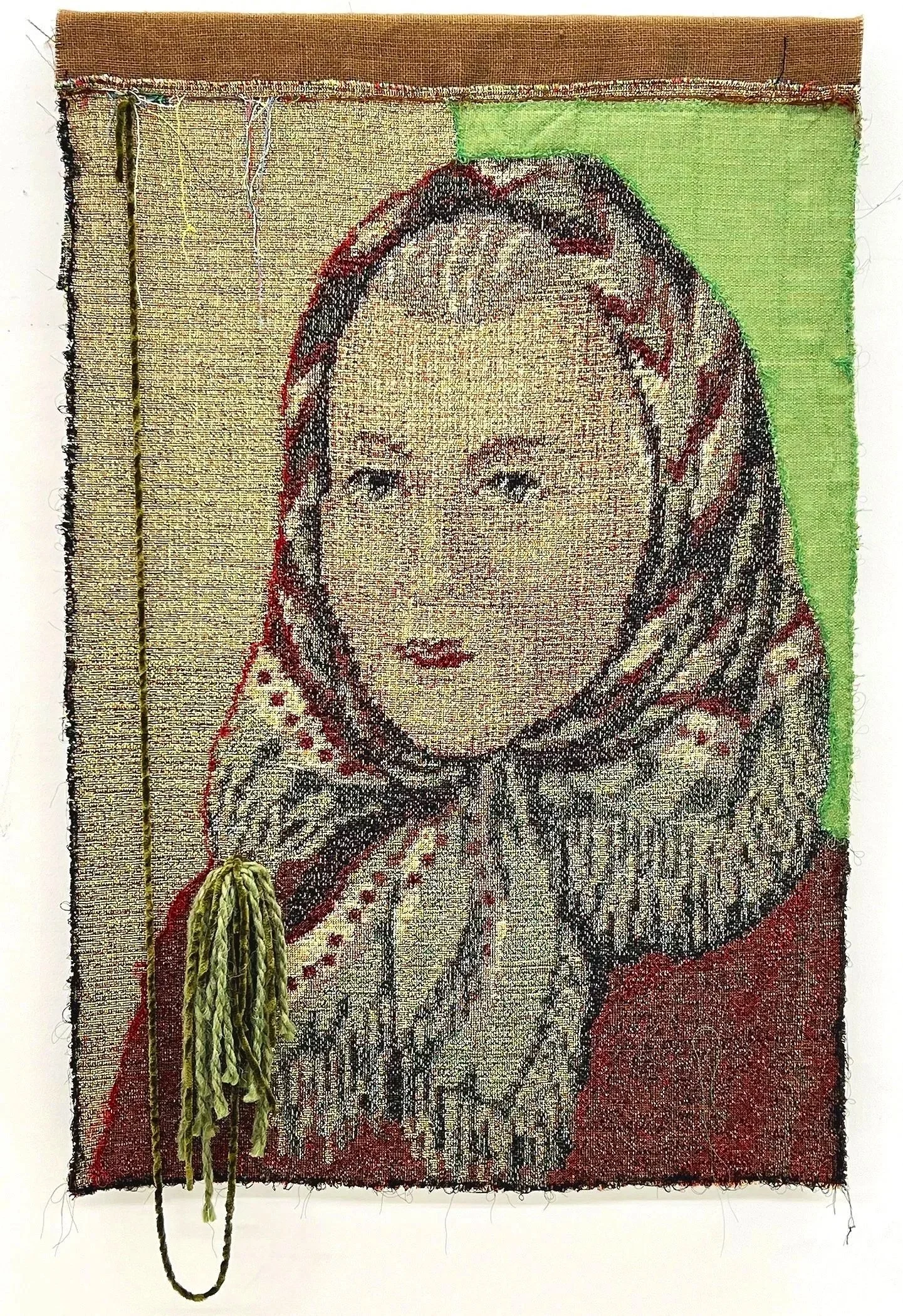   The Old Country, 2026   Woven textile photograph with collaged fabrics, yarn and hand sewing, 36”x24” 