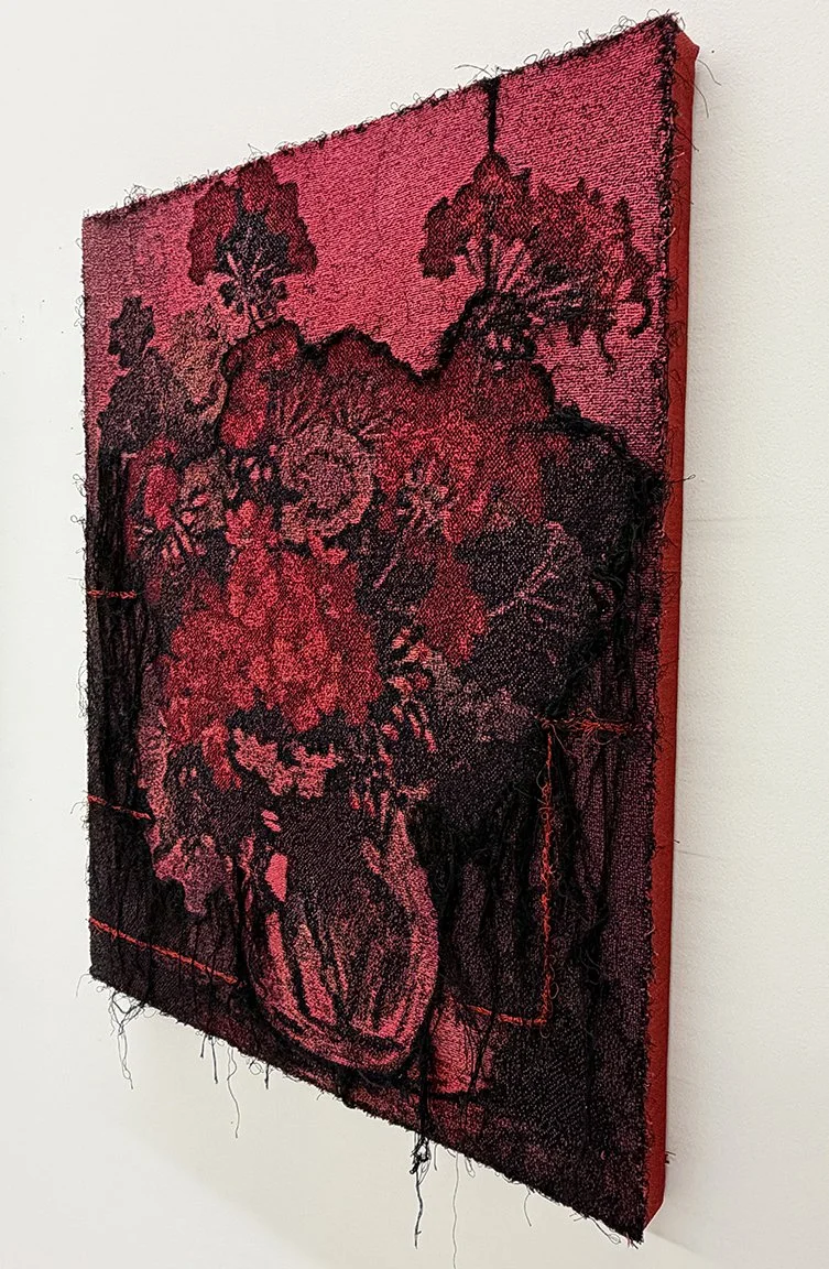   Crimson 2, 2026   Woven textile photograph hand-dyed with embroidery mounted on panel, 30”x24” 