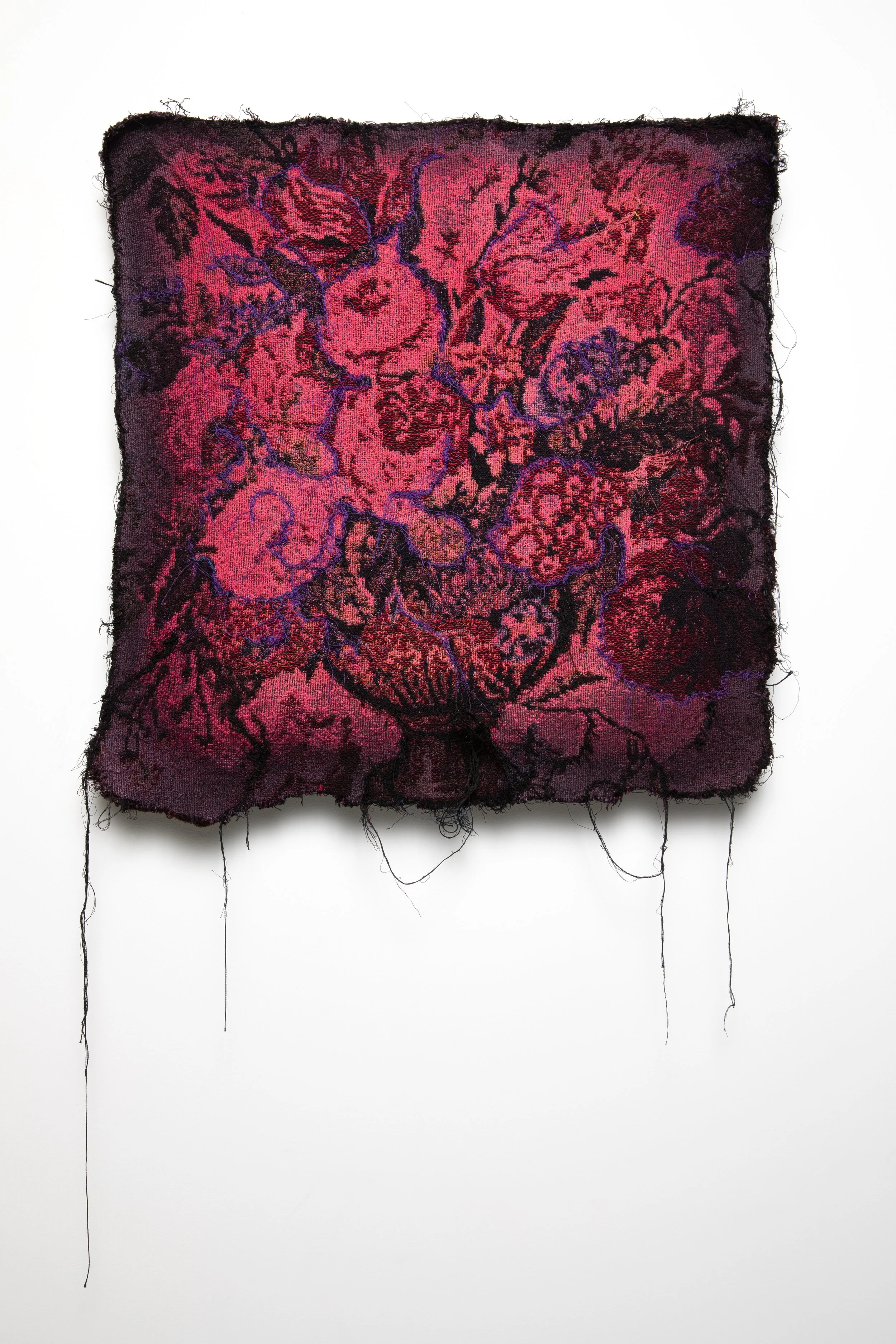   Crimson, 2026   Woven textile photograph, hand-dyed with embroidery mounted on panel, 38”x22”x1.5” 